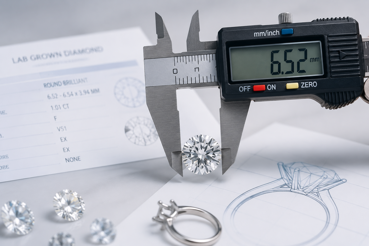 A close-up photograph of a lab-grown diamond being measured with digital calipers, showing the precision required for stone-to-setting fit verification.