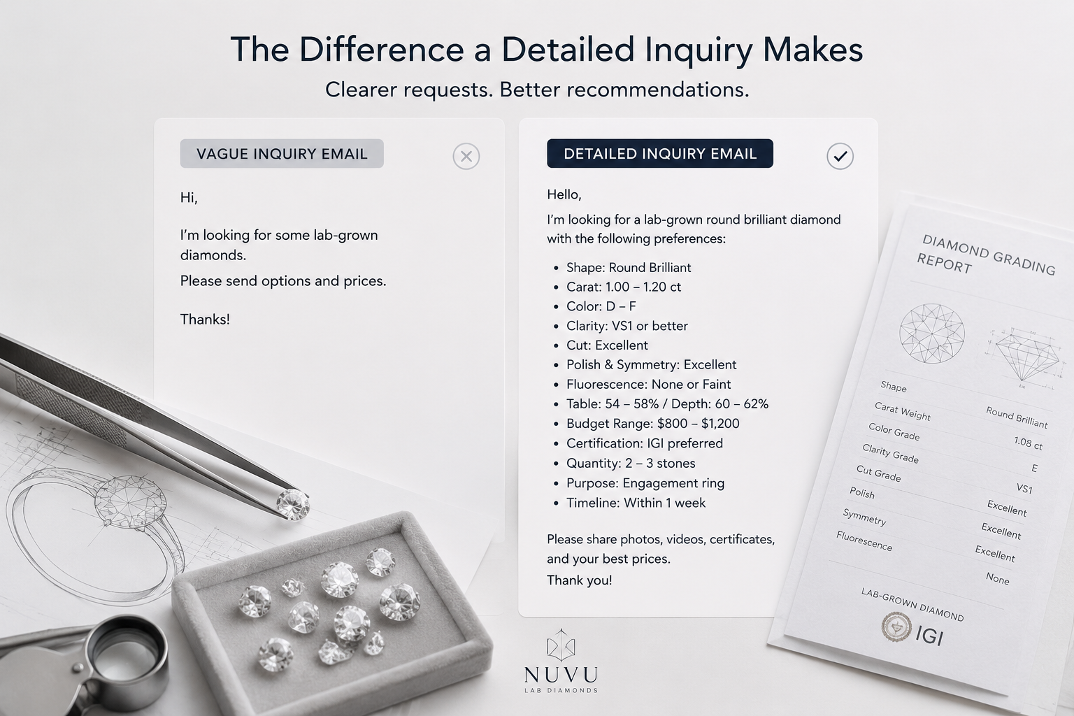 Side-by-side comparison of a vague inquiry email versus a detailed, structured inquiry email for lab-grown loose diamonds