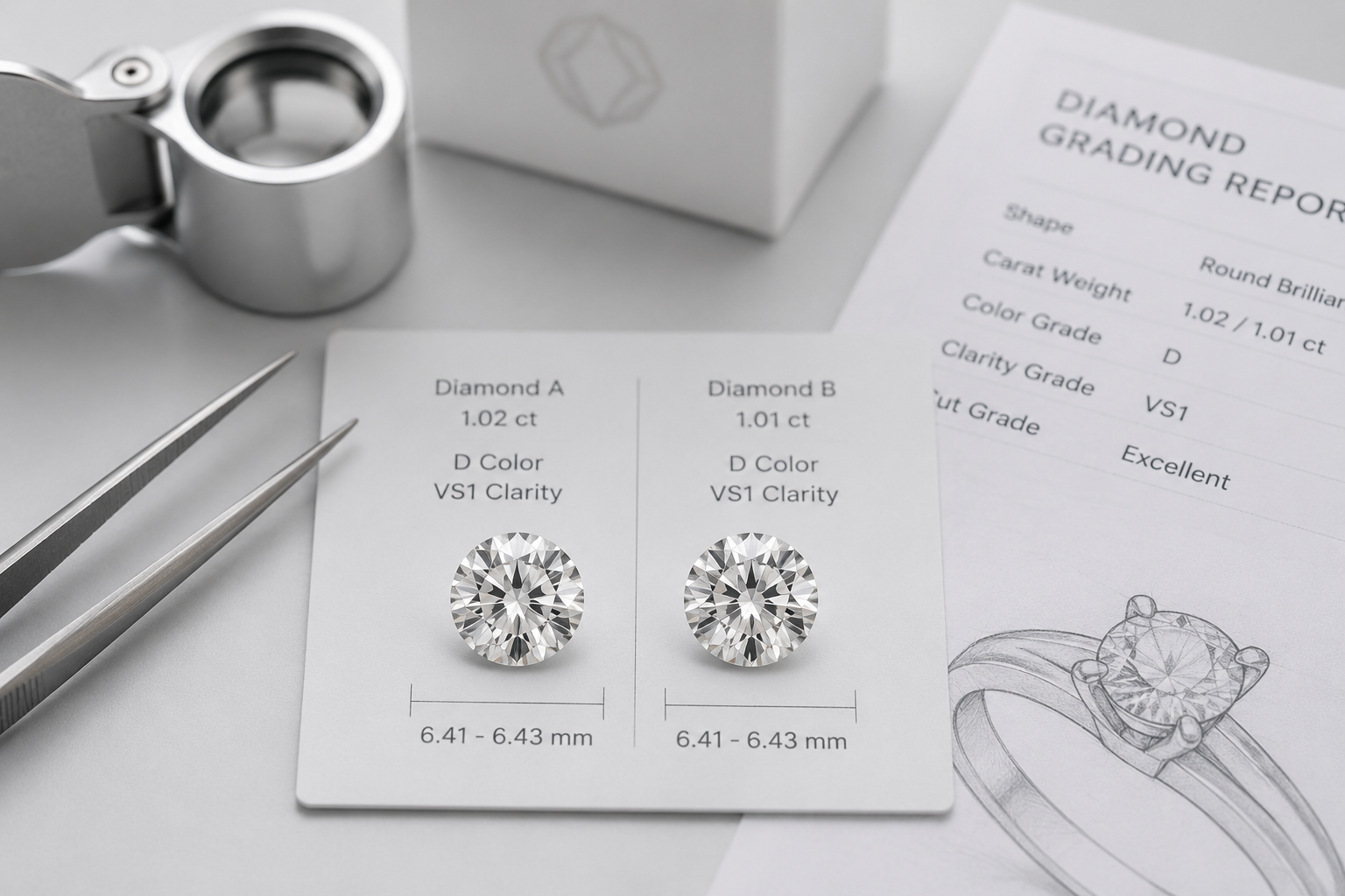 Close-up comparison of two matched round lab-grown diamonds showing measurement and color consistency
