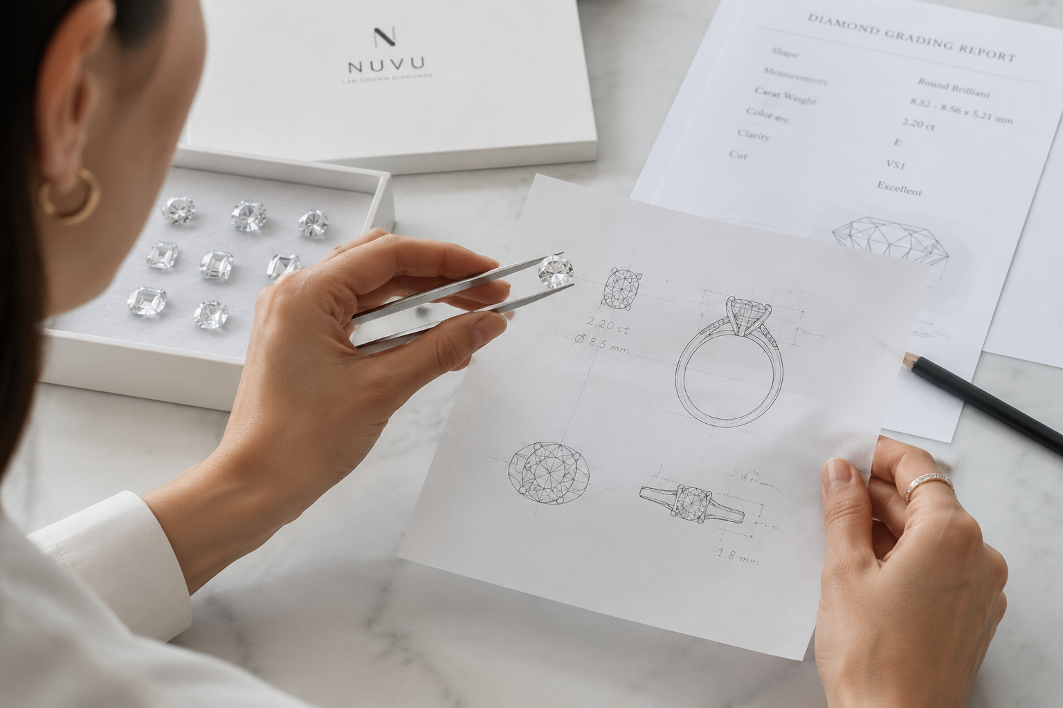 A jewelry designer holding a loose diamond against a ring setting template, checking proportion compatibility.