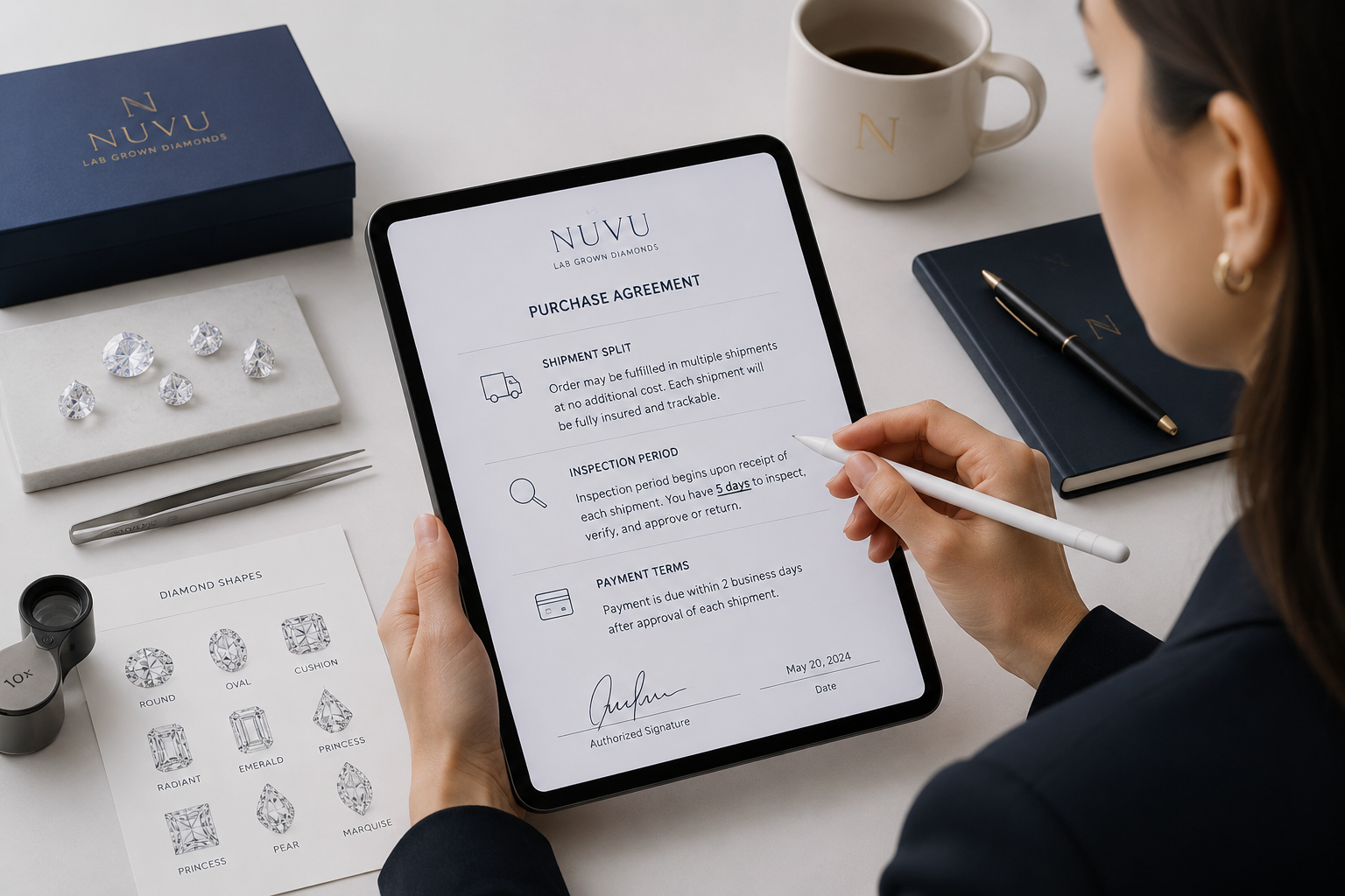 A small jewelry brand owner reviewing a purchase agreement or invoice on a tablet, highlighting terms like "shipment split" and "inspection period."