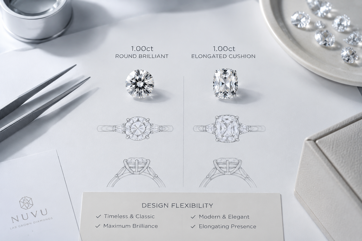 A side-by-side comparison of a versatile 1-carat round brilliant diamond and a specialty elongated cushion diamond on a design sketch, showing their different setting flexibility.