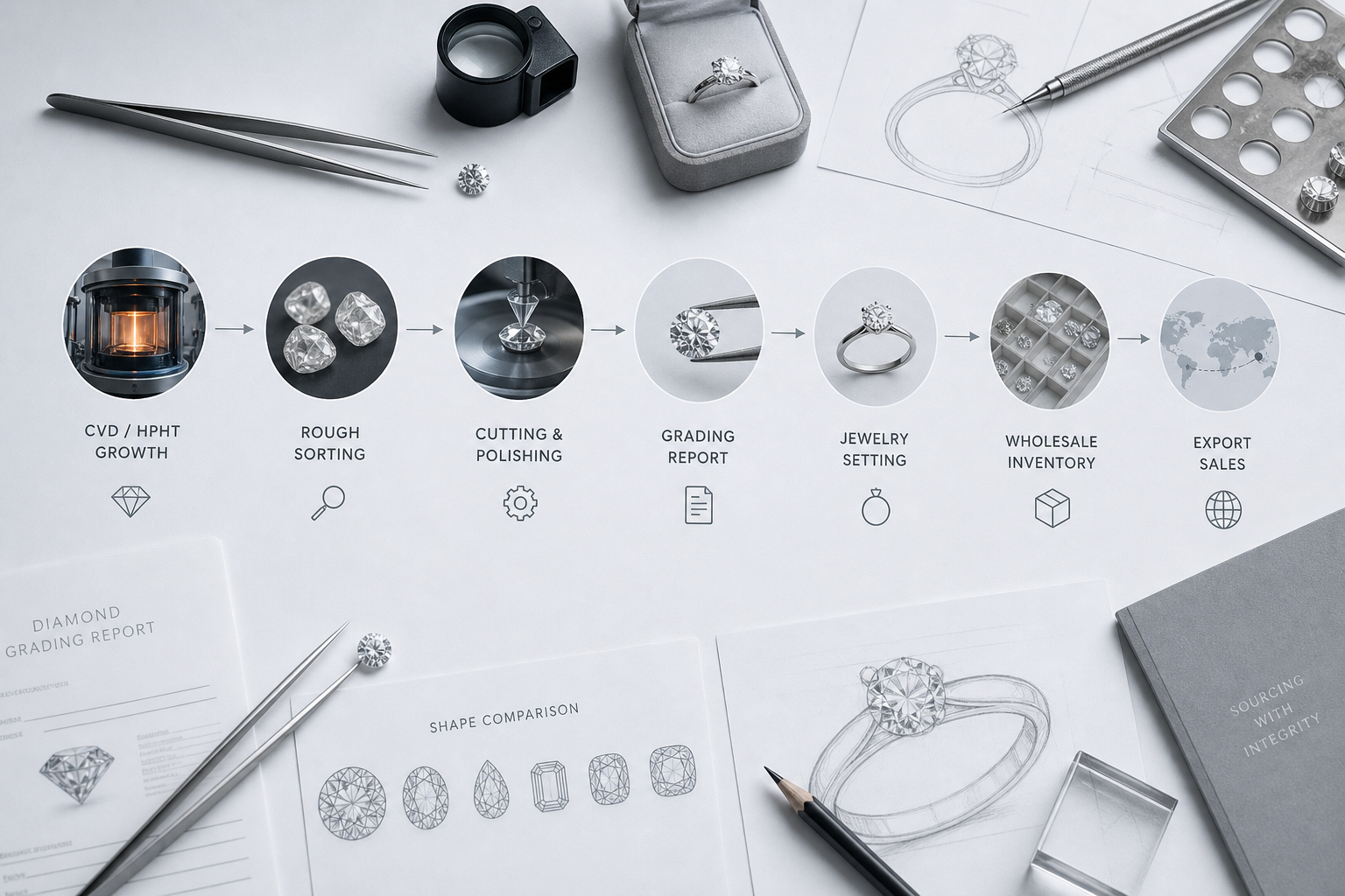 Flow diagram showing the lab-grown diamond supply chain from CVD or HPHT growth to rough sorting, cutting and polishing, grading report, jewelry setting, wholesale inventory, and export sales.
