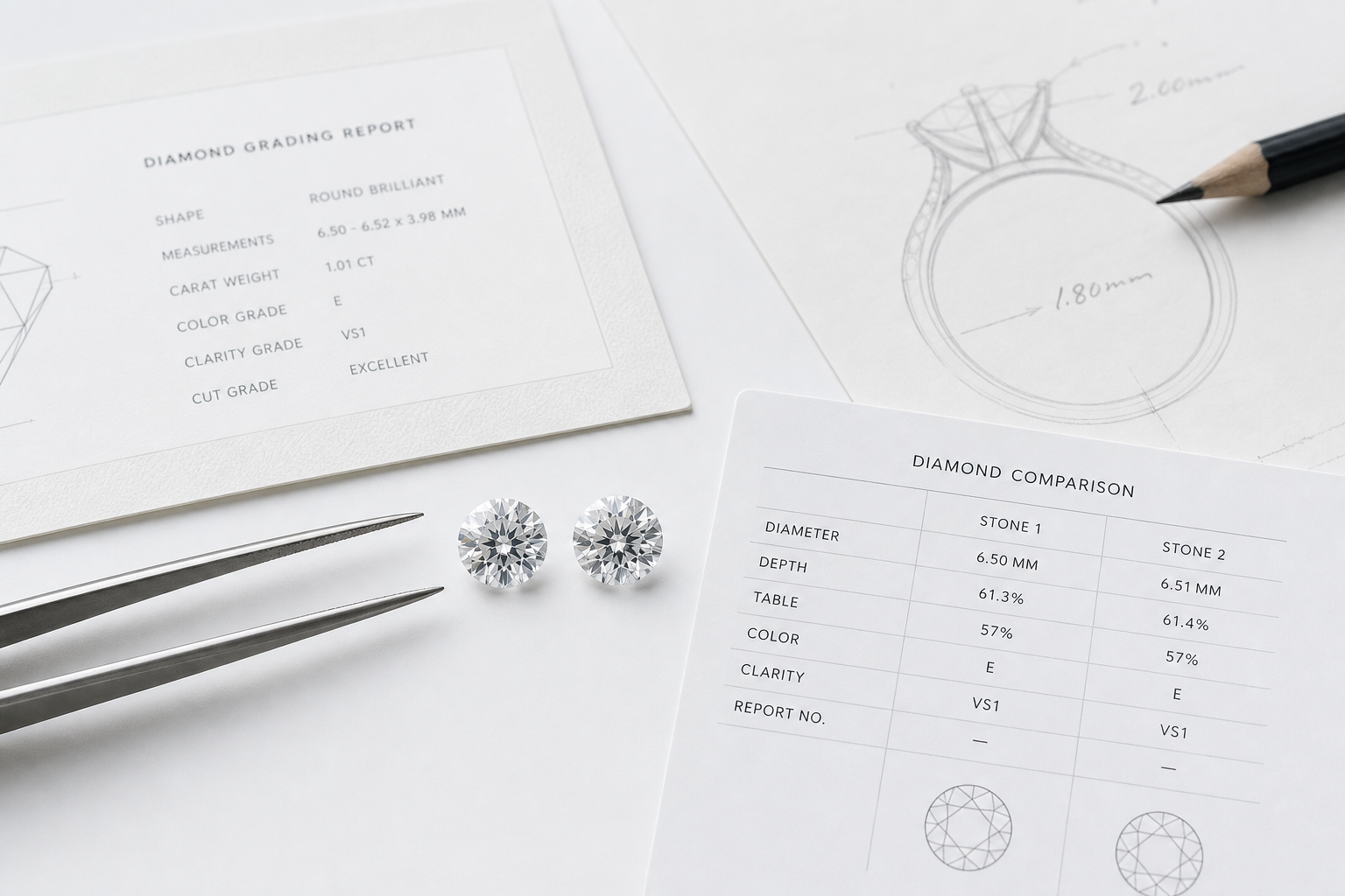 Side-by-side comparison of matched loose lab-grown diamonds showing diameter, depth, table, color, clarity, and report number fields used for quality consistency review.