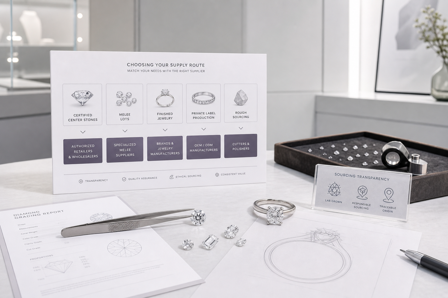Decision chart matching buyer needs such as certified center stones, melee lots, finished jewelry, private label production, and rough sourcing to the most suitable supplier type.