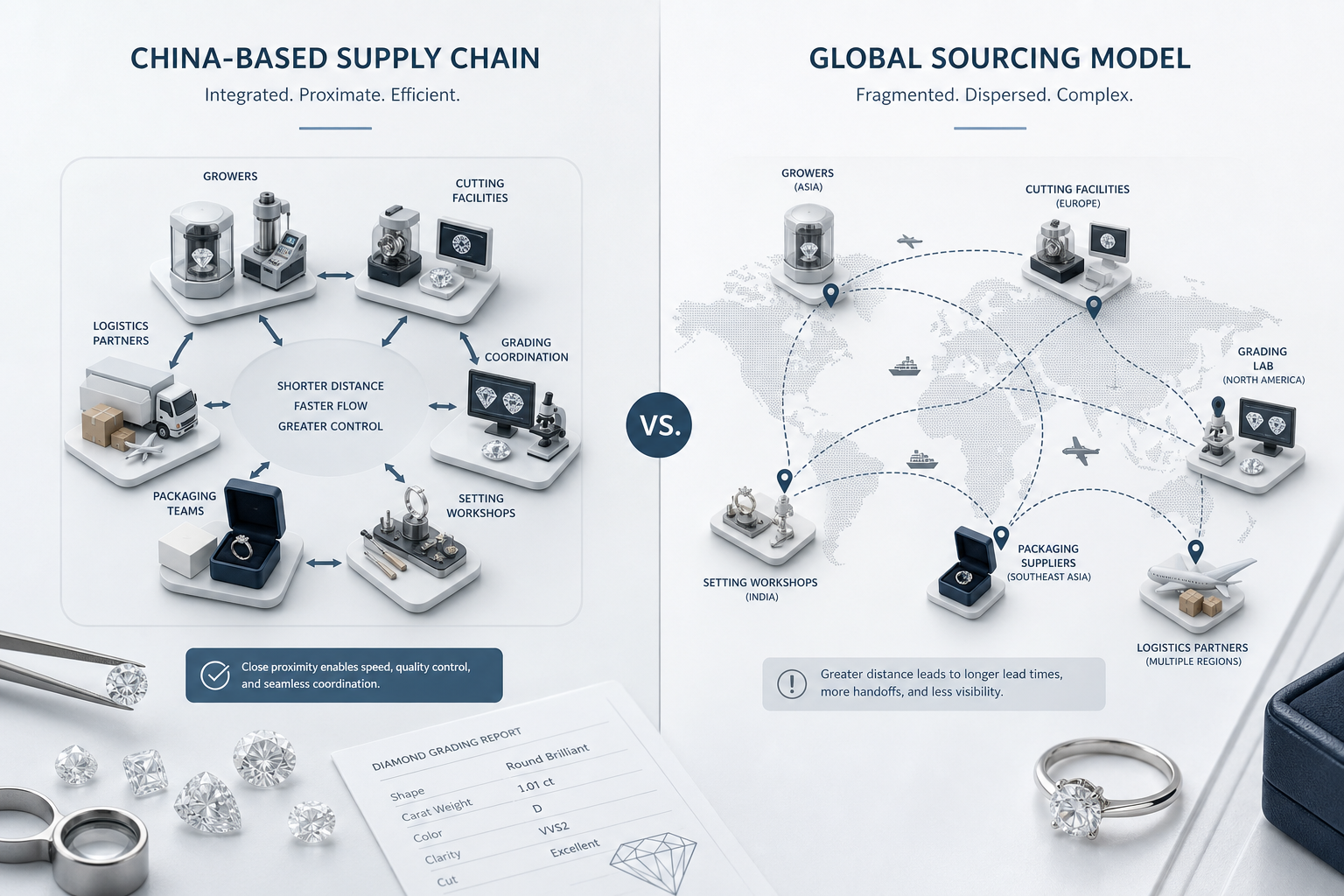 Diagram showing a dense China-based lab-grown diamond supply chain with growers, cutters, grading coordination, setting workshops, packaging teams, and logistics partners located close together compared with a fragmented global sourcing model