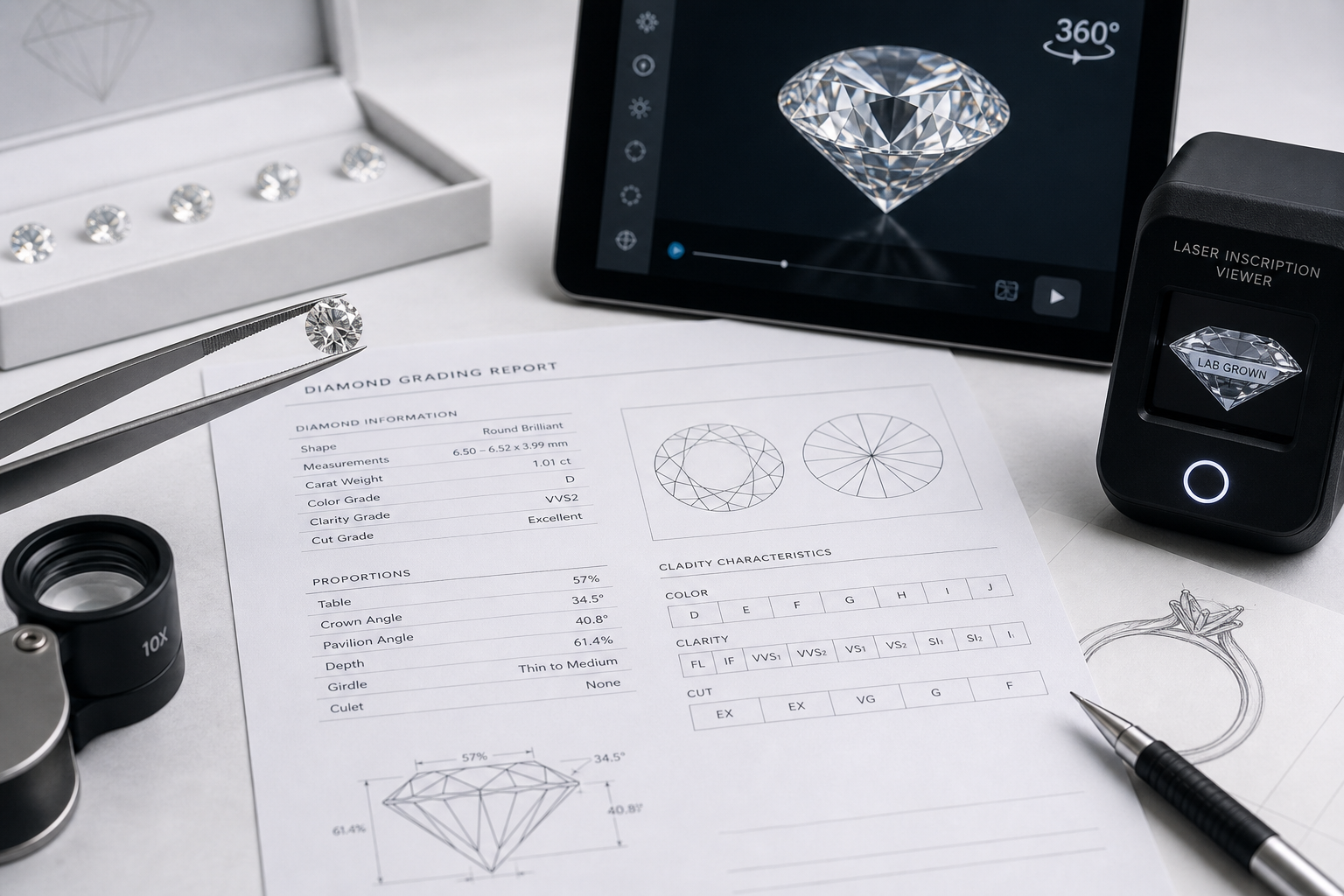 Close-up visual concept of a lab-grown diamond grading report, laser inscription reference, 360-degree stone video, and measurement data being reviewed together before production approval