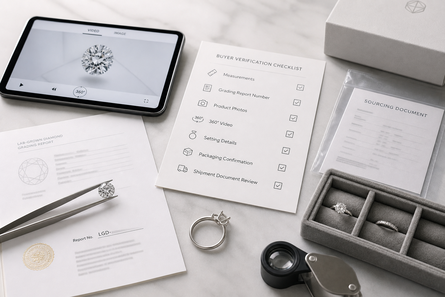 Buyer-side verification checklist showing diamond measurements, grading report number, product photos, 360-degree video, setting details, packaging confirmation, and shipment document review