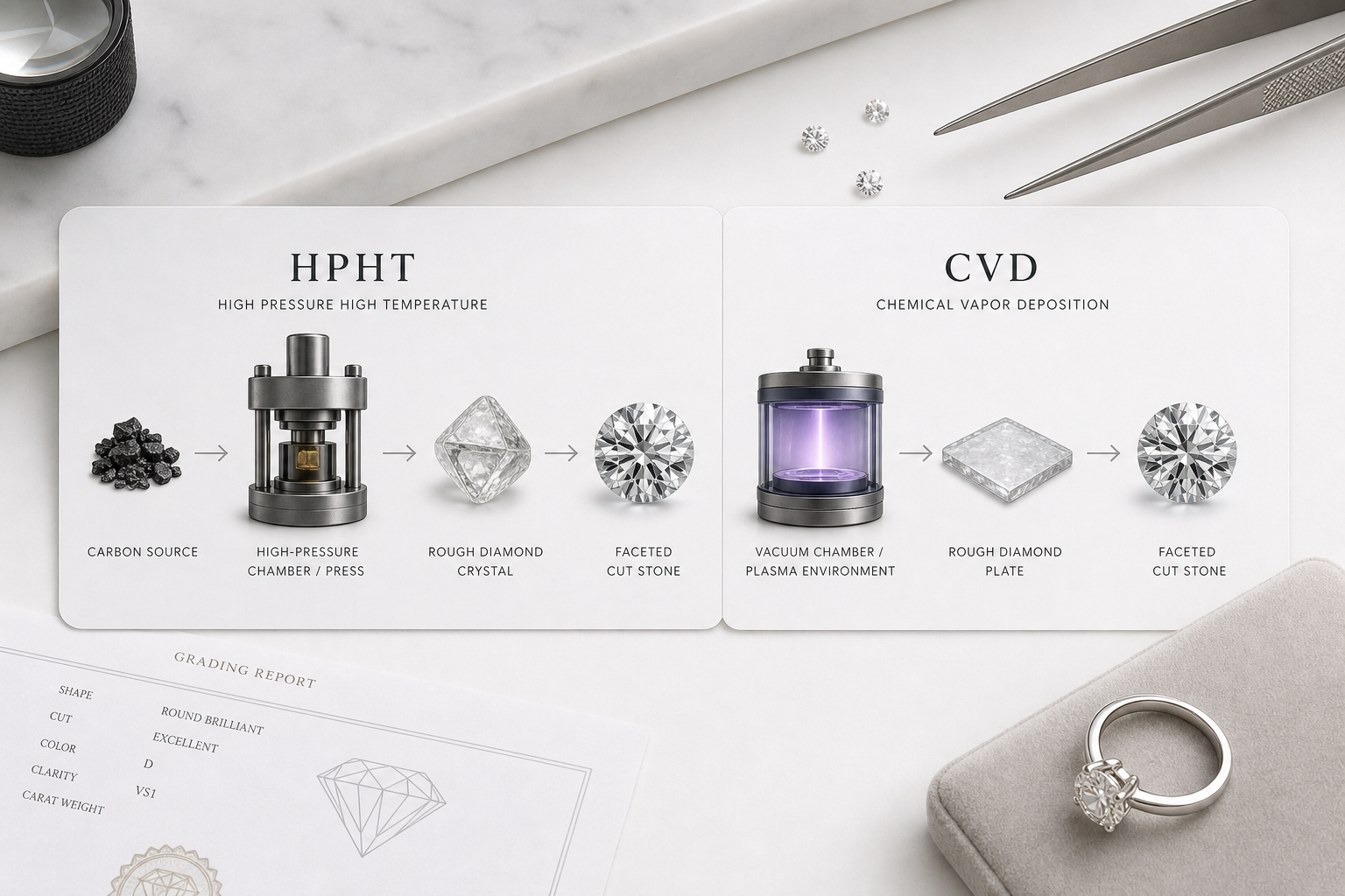 Side-by-side simplified diagram showing HPHT and CVD lab-grown diamond production paths from growth method to rough diamond to cut stone