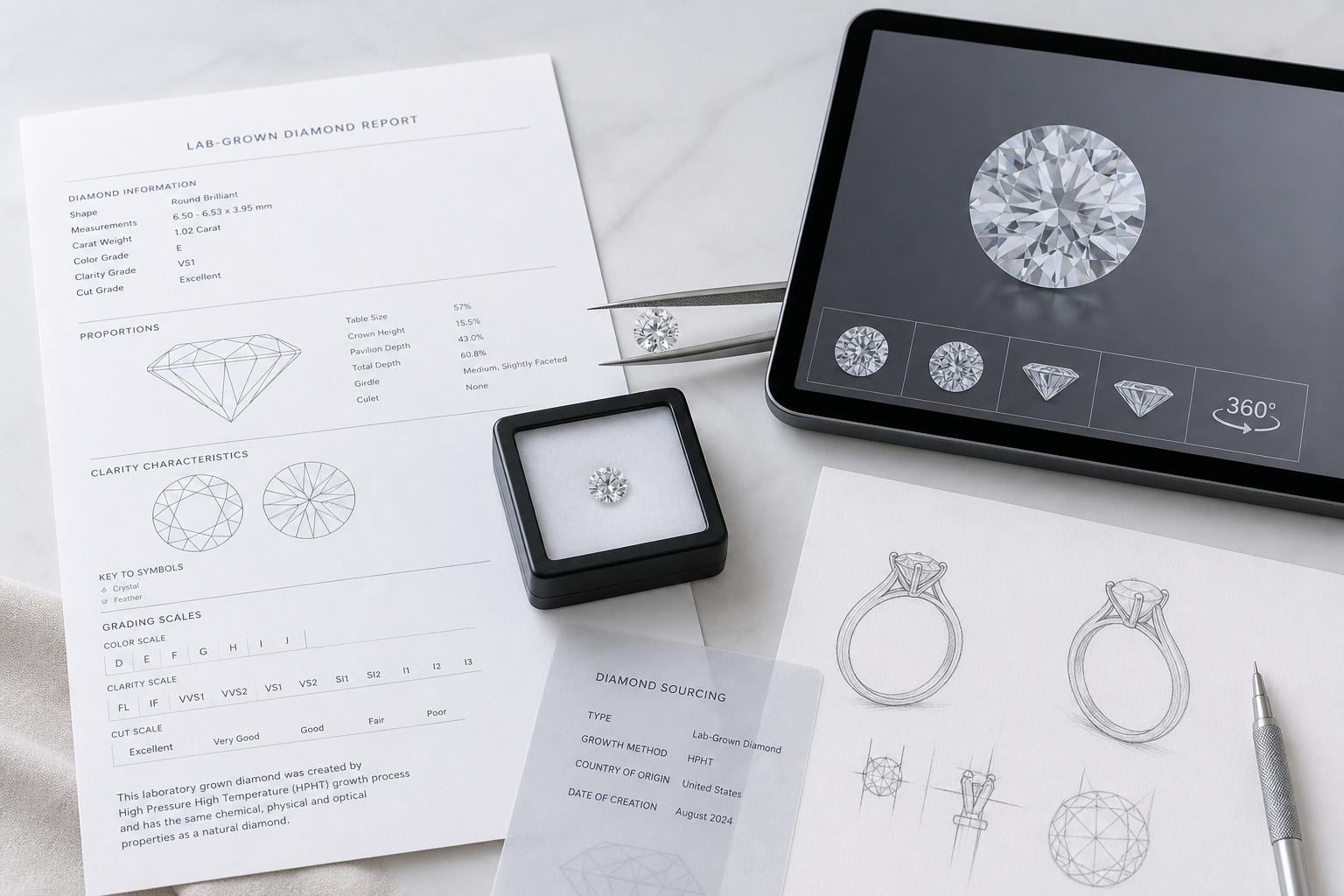 Close-up comparison layout showing lab-grown diamond grading report details beside magnified diamond images and 360-degree video review screen