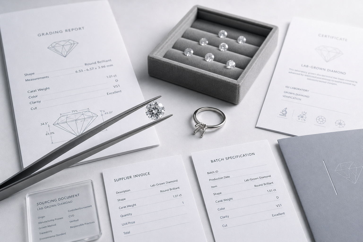 Buyer checklist visual showing grading report number, laser inscription, stone measurements, supplier invoice, and batch specification sheet