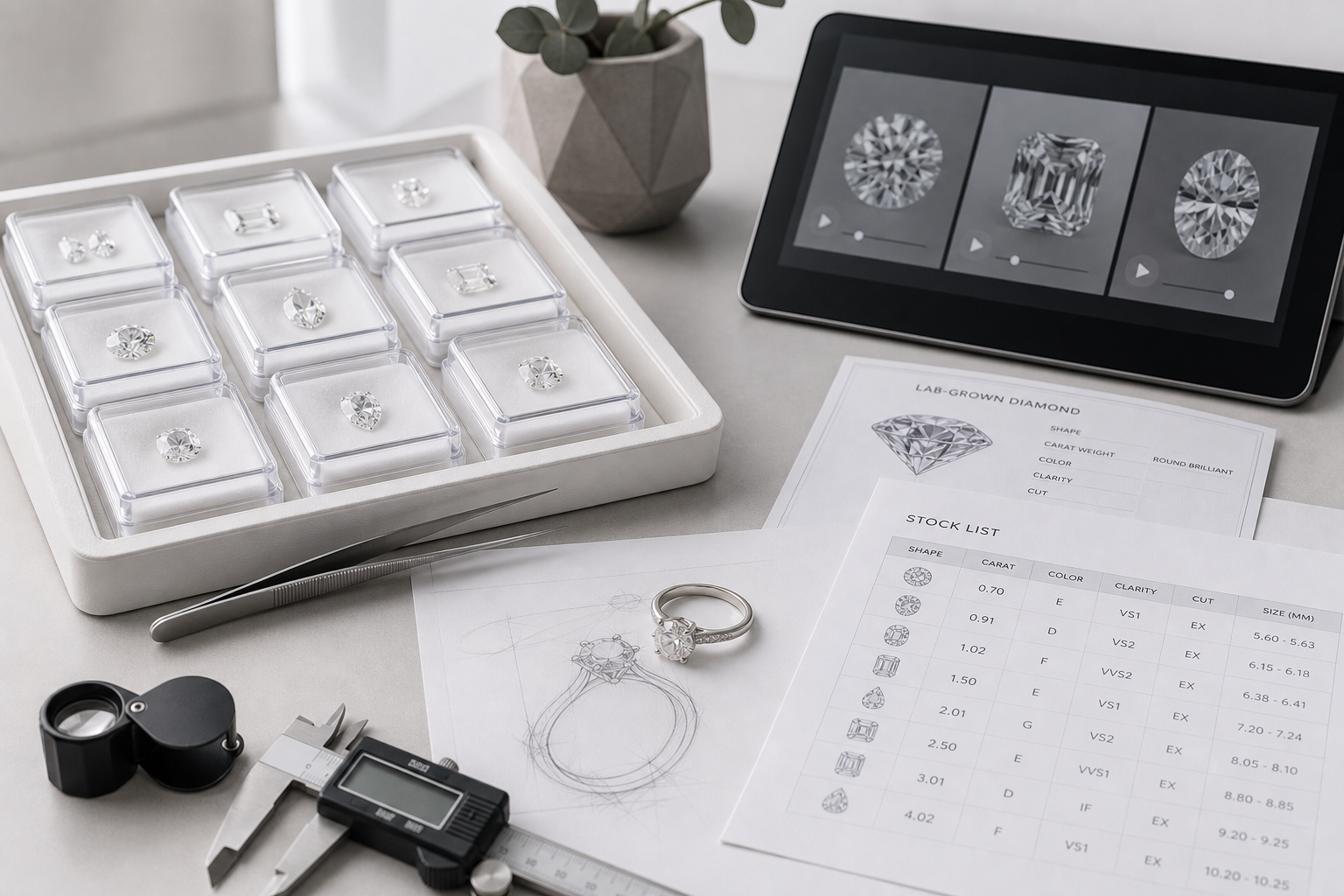 Side-by-side example of a lab-grown diamond stock list, stone-specific video stills, measurements, and certificate numbers used to verify supplier inventory.