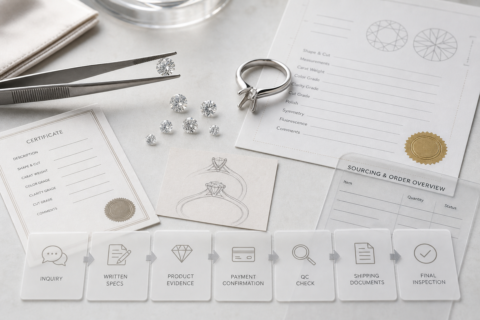 Sample order workflow showing inquiry, written specs, product evidence, payment confirmation, QC check, shipping documents, and final inspection.