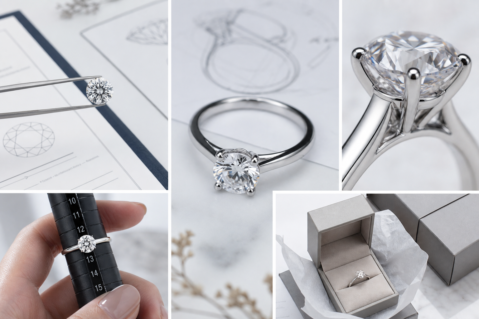 Pre-shipment QC comparison showing loose diamond report details, finished ring photos, prong close-ups, ring size confirmation, and packaging evidence.