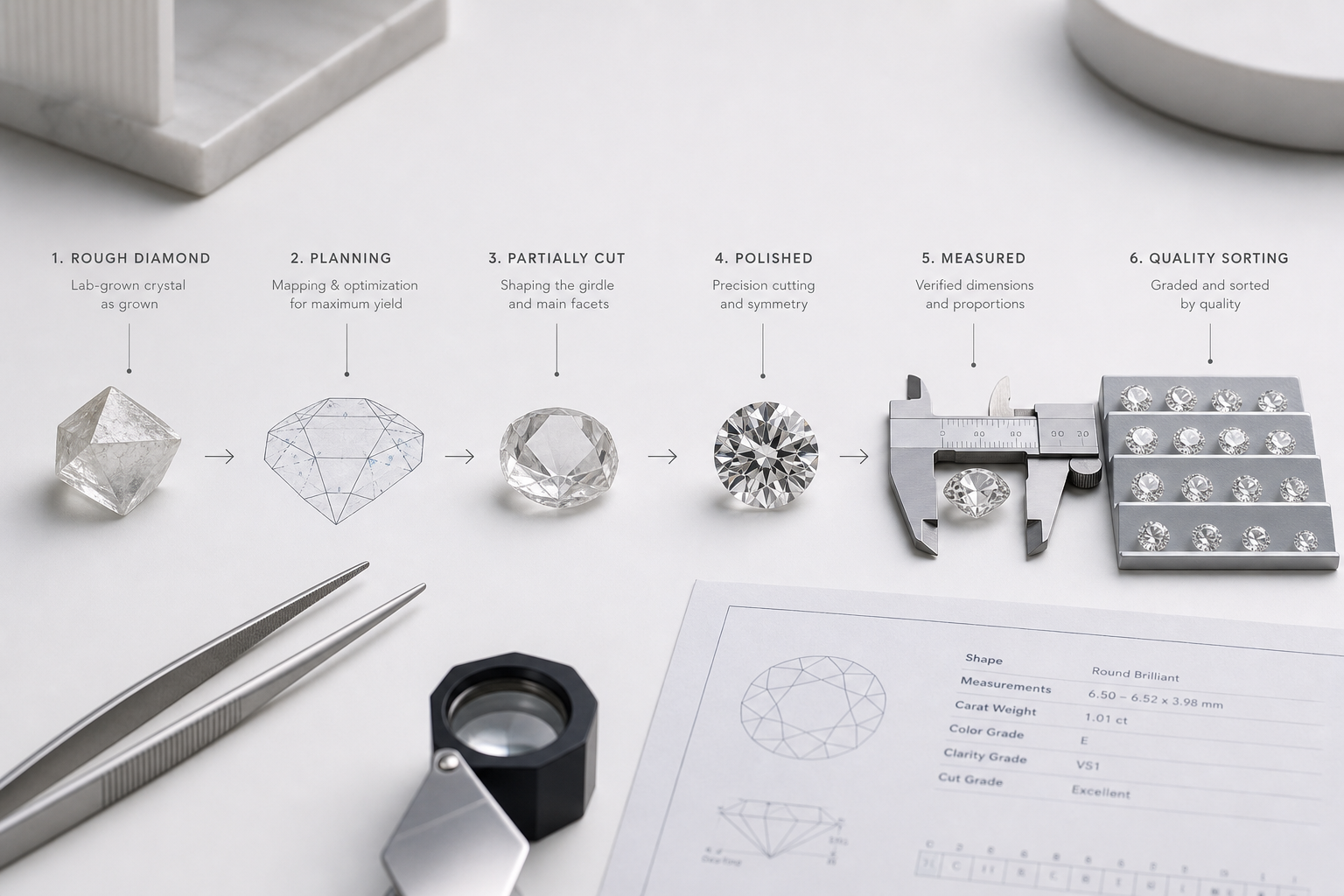 Diagram showing the midstream path from lab-grown rough diamond to planned shape, cut stone, polished diamond, measured stone, and final quality sorting