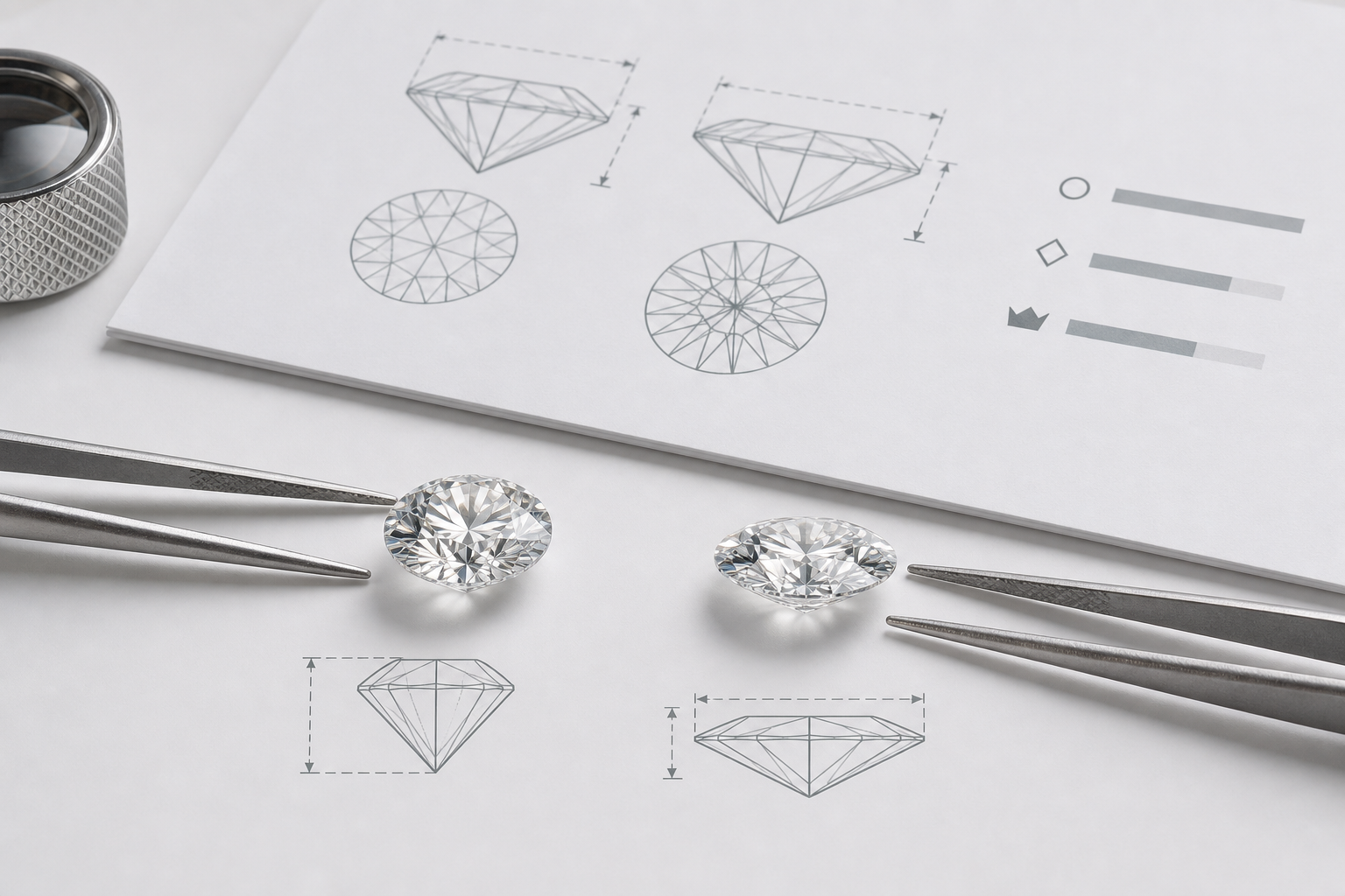 Side-by-side comparison of two lab-grown diamonds with the same carat weight but different depth, diameter, and face-up spread