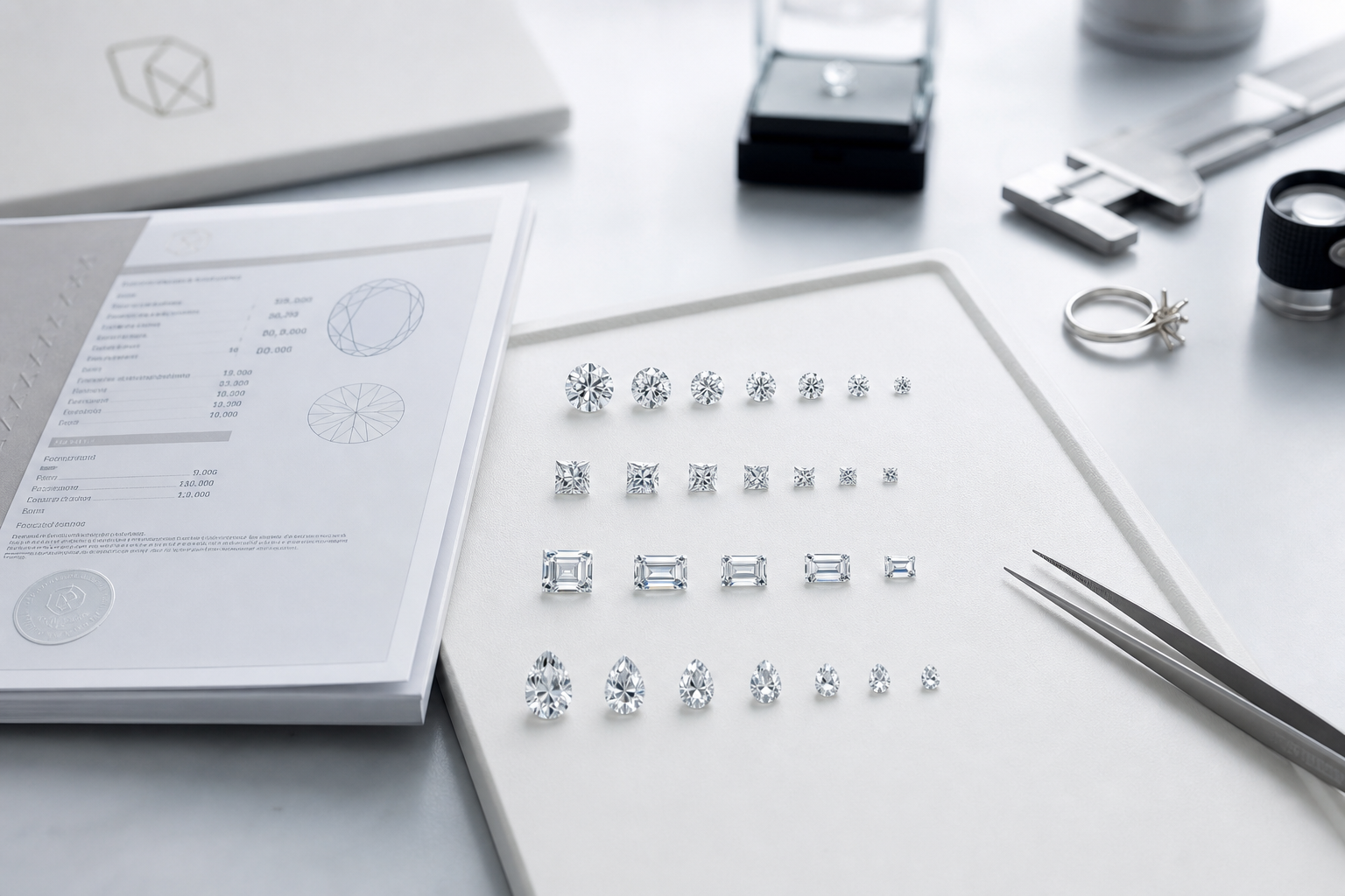 Quality control desk showing polished lab-grown diamonds sorted by shape, measurement, report number, and visual consistency