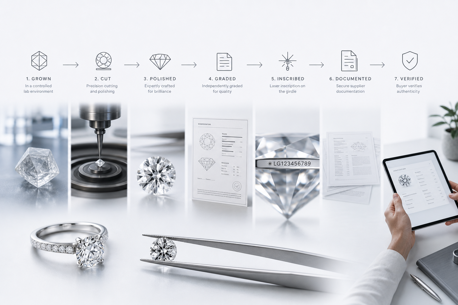 Flow diagram showing a lab-grown diamond moving from growth and cutting to grading report, laser inscription, supplier documentation, and buyer verification