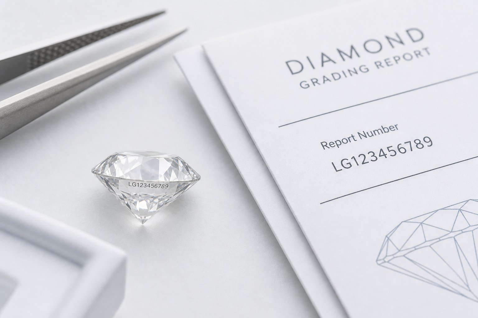 Close-up educational illustration of a lab-grown diamond girdle with a report number inscription matched to a grading certificate number