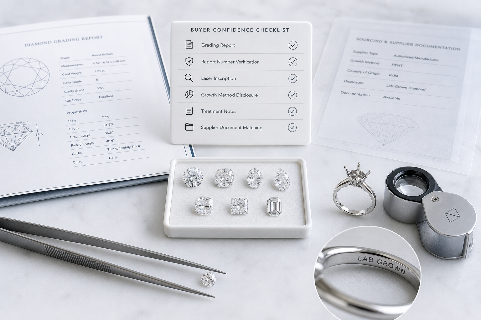 Buyer confidence checklist showing grading report, report number verification, laser inscription, growth method disclosure, treatment notes, and supplier document matching