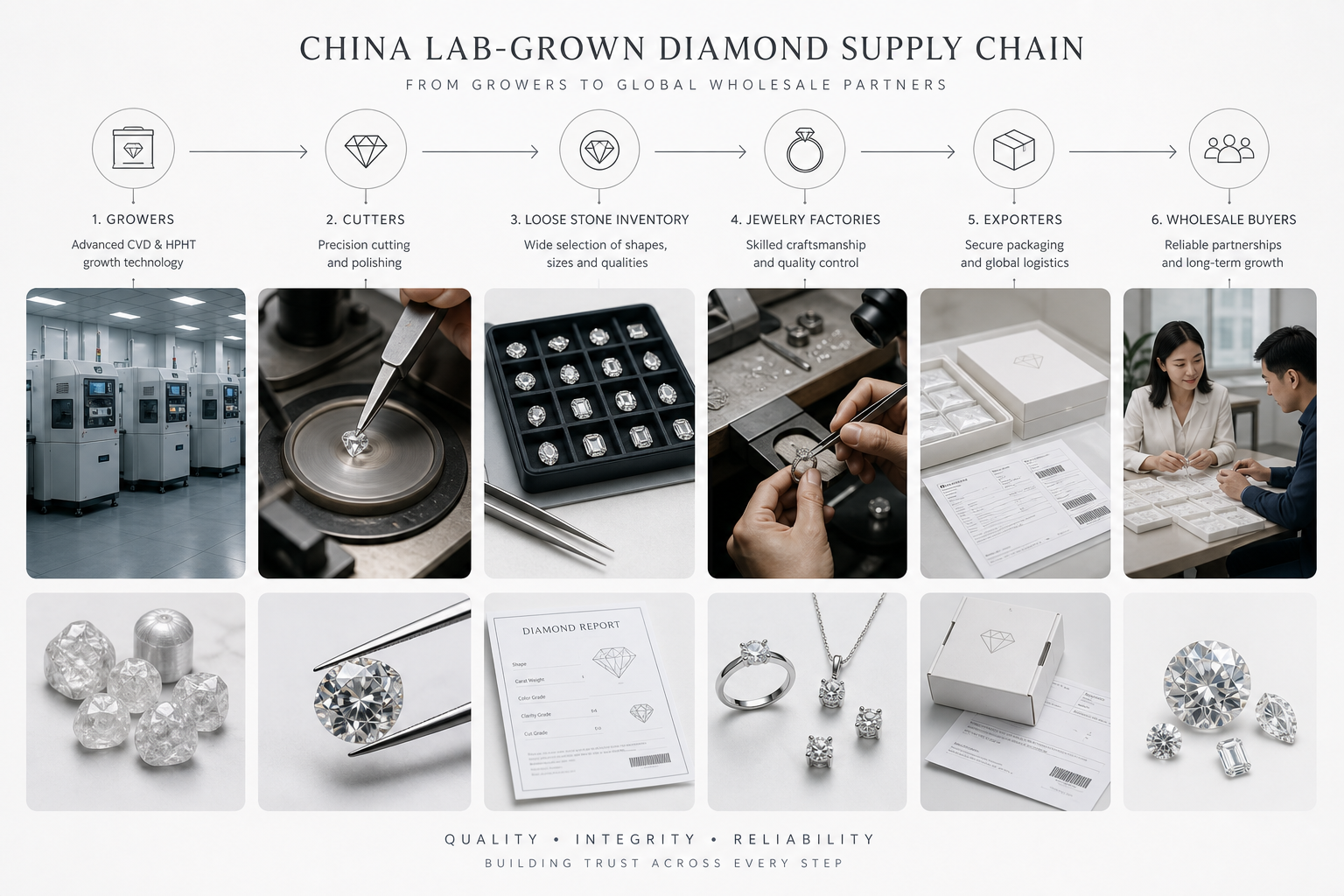 Diagram showing China lab-grown diamond sourcing layers from growers and cutters to loose stone inventory, jewelry factories, exporters, and wholesale buyers