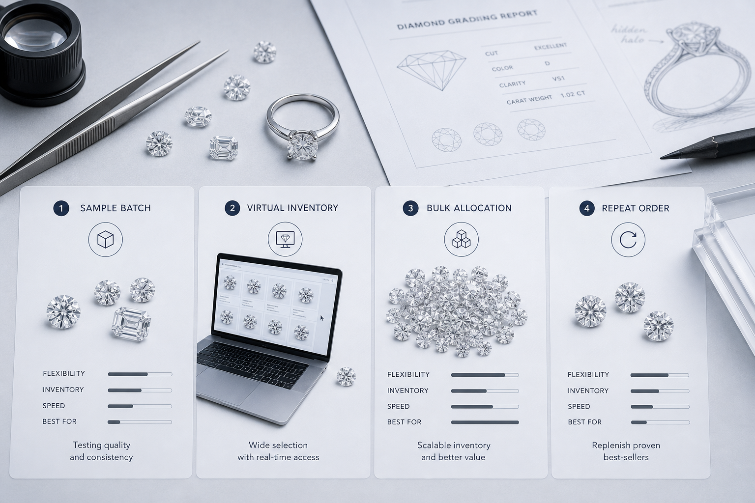 Comparison chart showing small sample batch, virtual inventory, bulk allocation, and repeat order models for lab-grown diamond sourcing