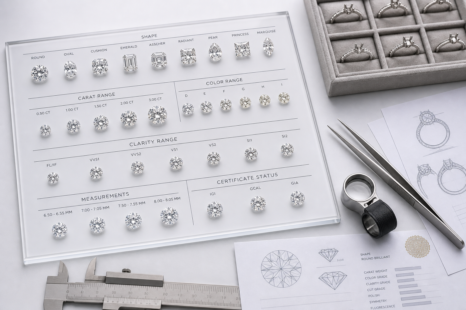 Side-by-side visual planning board showing loose lab-grown diamonds sorted by shape, carat range, color range, clarity range, measurements, and certificate status