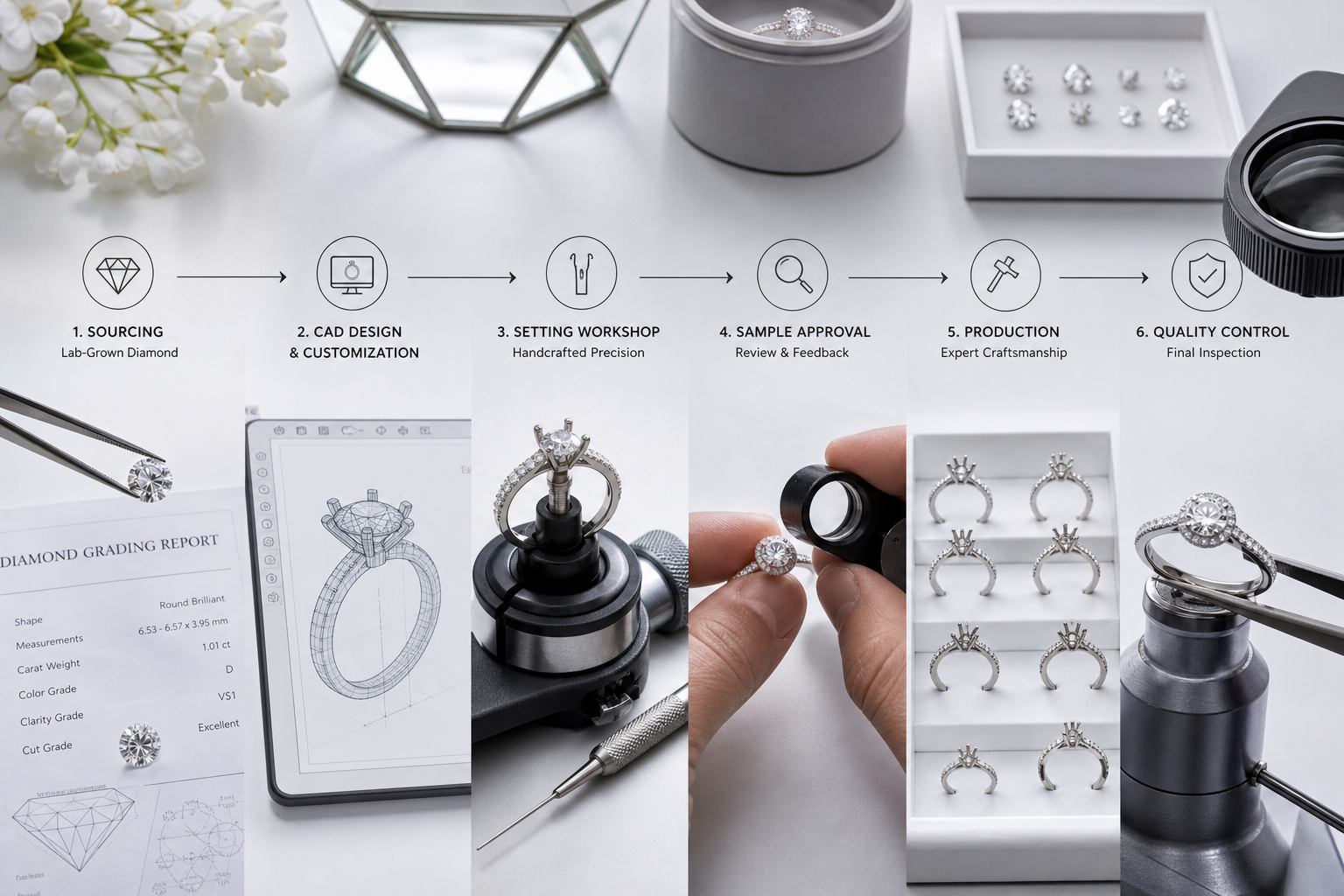 Diagram showing the custom jewelry development flow from loose lab-grown diamond sourcing to CAD adjustment, setting workshop, sample approval, production, and final QC