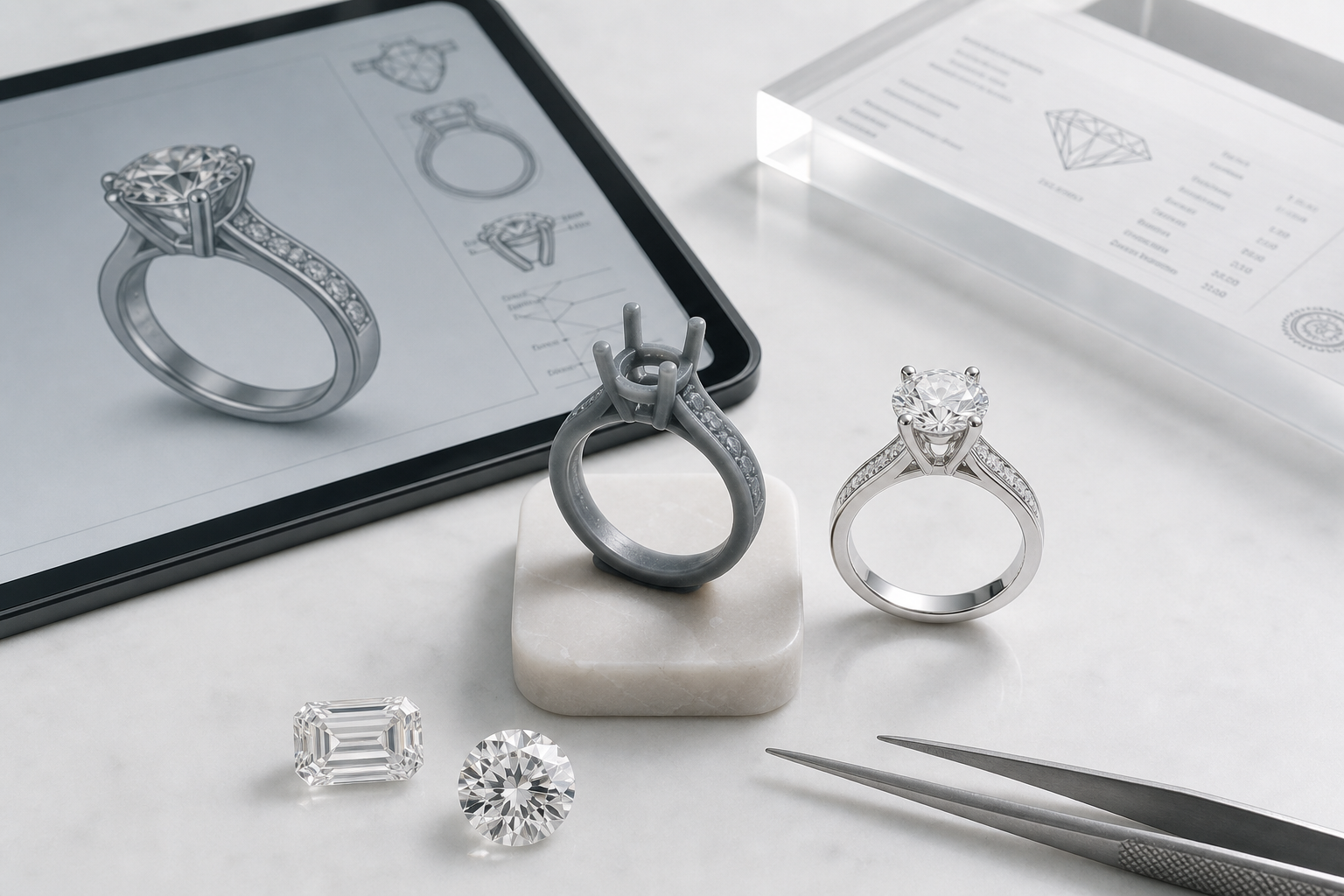 Side-by-side visual of a CAD jewelry render, resin or metal sample, and finished lab-grown diamond ring used for private-label sample approval