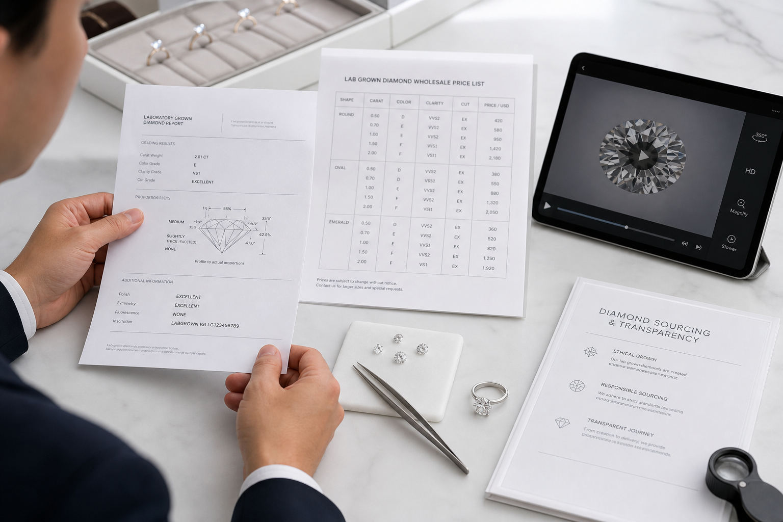 Overseas buyer comparing lab-grown diamond supplier documents, price sheet, certificate numbers, and stone videos before confirming a wholesale order