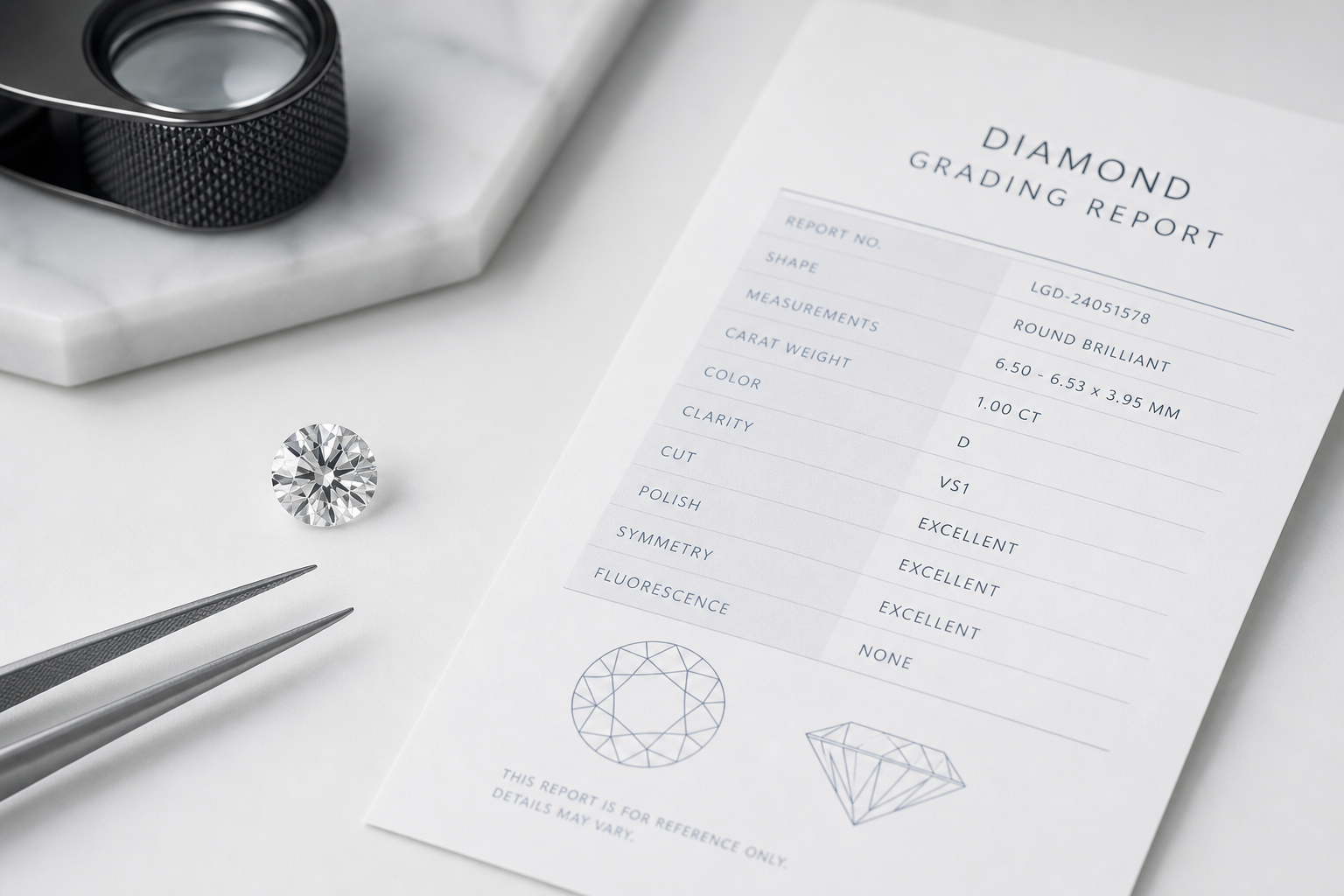 Close-up layout of a lab-grown diamond grading report beside a matching loose diamond, showing report number, measurements, and key grading fields