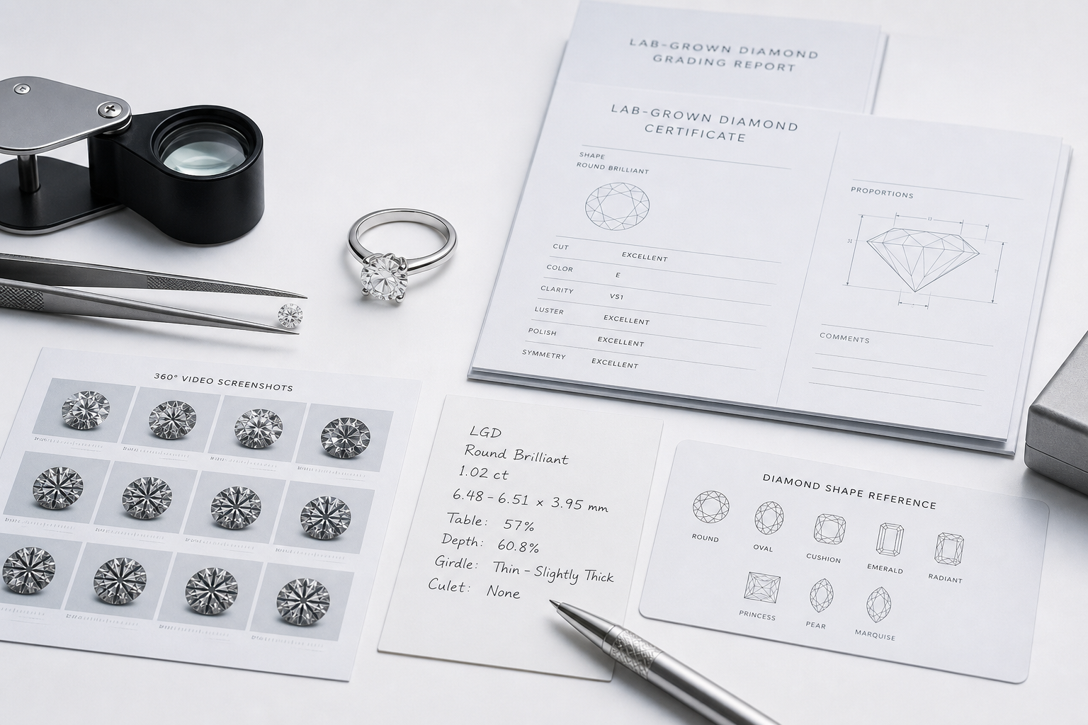 Side-by-side comparison of lab-grown diamond QC materials including 360 video screenshots, measurement notes, layout photo, and certificate copies