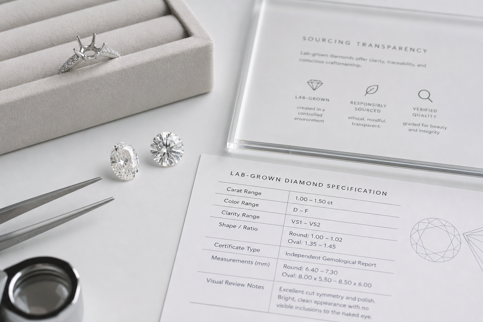 Example lab-grown diamond specification sheet showing carat range, color range, clarity range, shape ratio, certificate type, measurements, and visual review notes