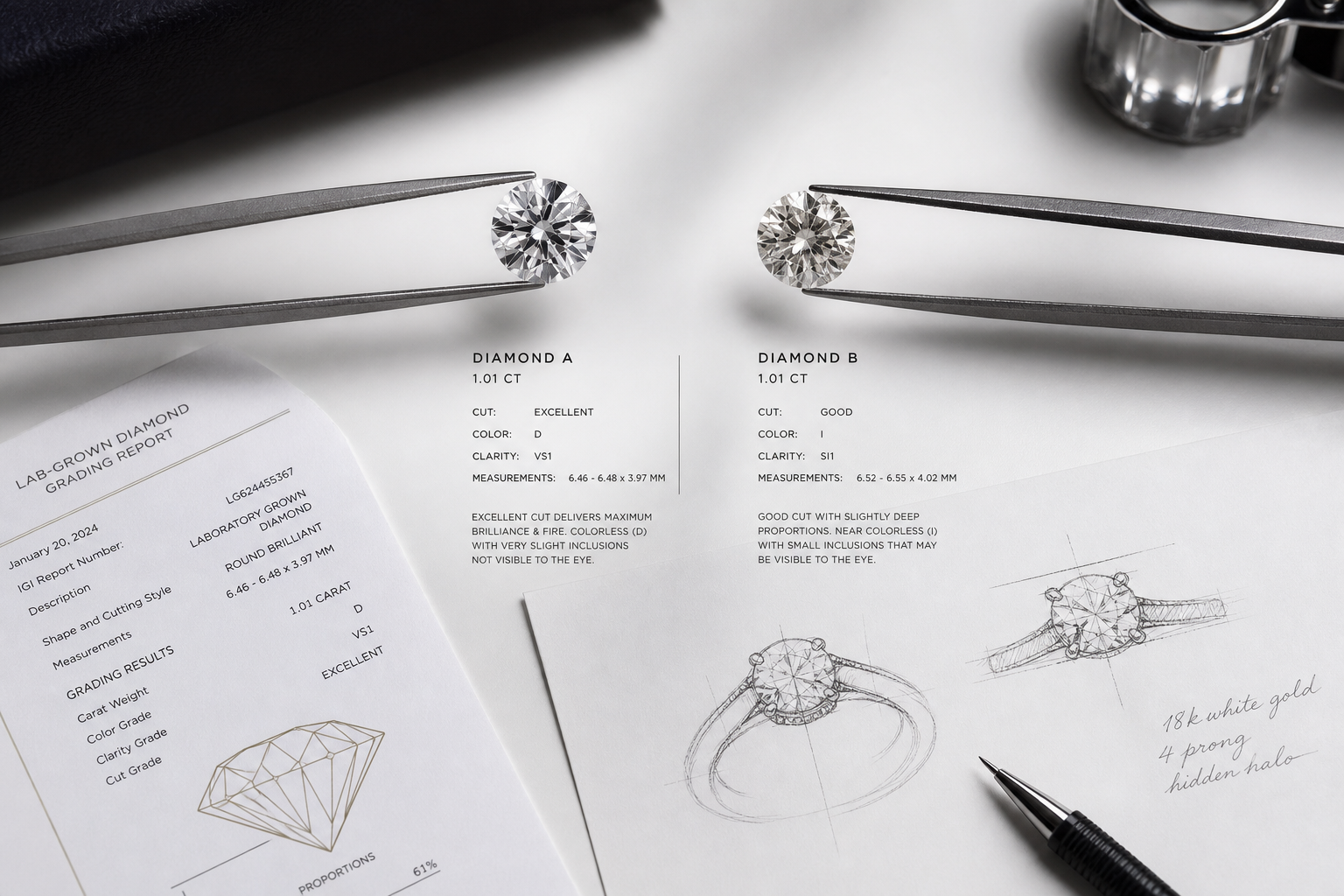 Side-by-side comparison graphic showing two 1 carat lab-grown diamonds with different cut quality, color, clarity, certificate details, measurements, and visual review notes