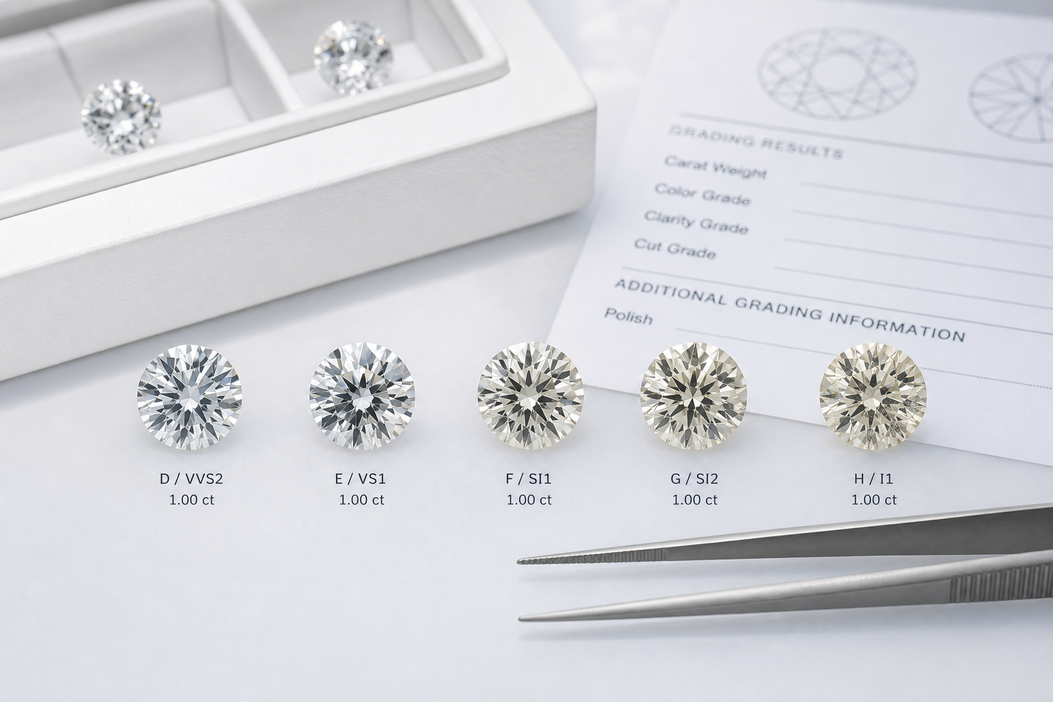 Close-up comparison showing 1 carat lab-grown diamonds with different color and clarity grades under similar lighting
