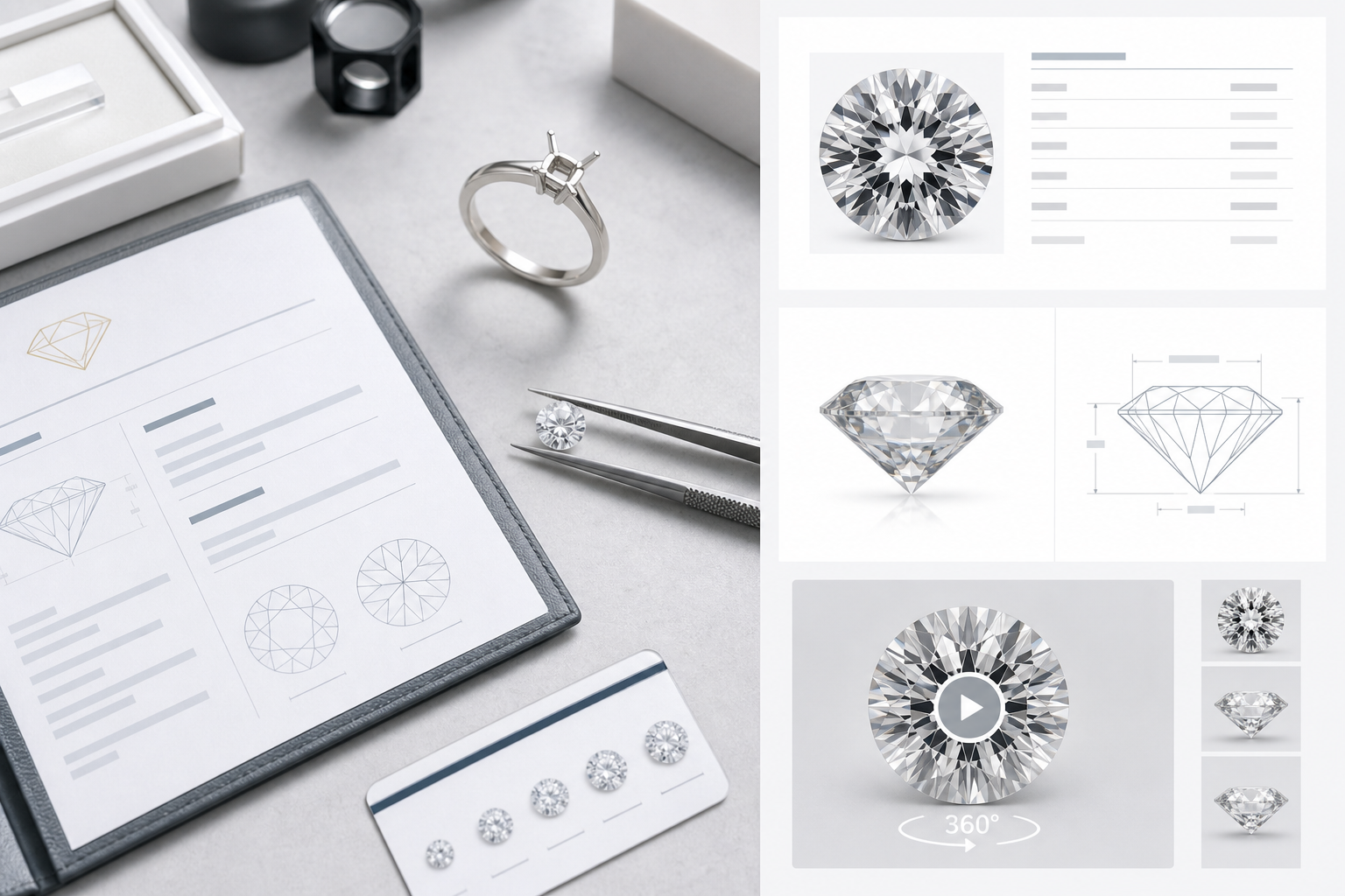 Example visual review layout for a 1 carat lab-grown diamond showing certificate details, measurements, face-up photo, side view, and 360-degree video frame