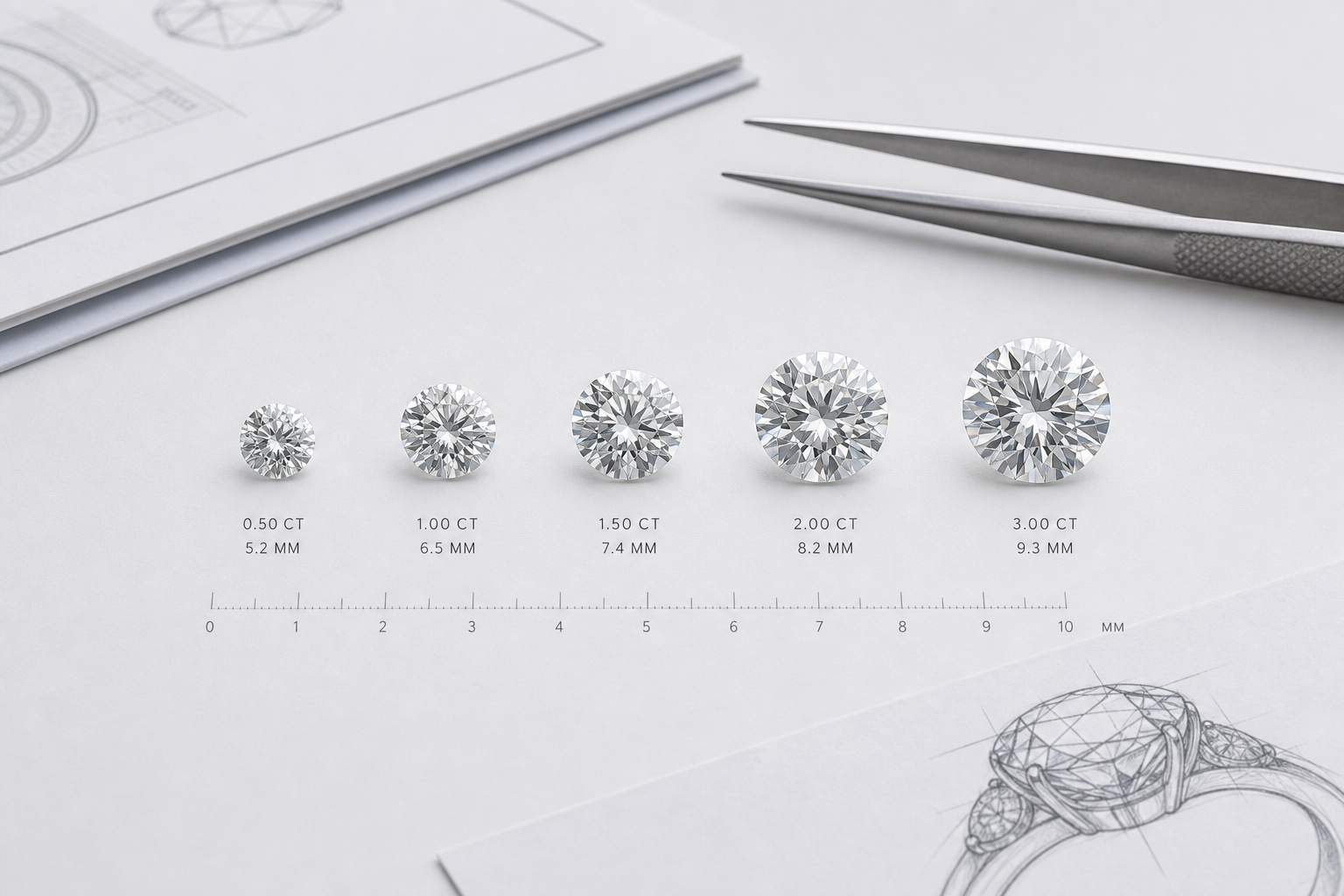 Side-by-side illustration of round lab-grown diamonds at approximately 0.5ct, 1ct, 1.5ct, 2ct, and 3ct shown to scale with approximate millimeter diameters