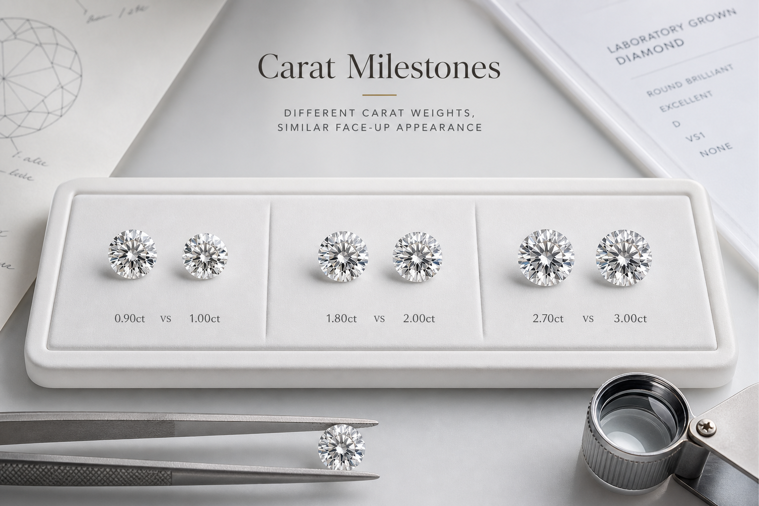 Comparison graphic showing 0.90ct versus 1.00ct, 1.80ct versus 2.00ct, and 2.70ct versus 3.00ct lab-grown diamonds with similar face-up size but different milestone labels