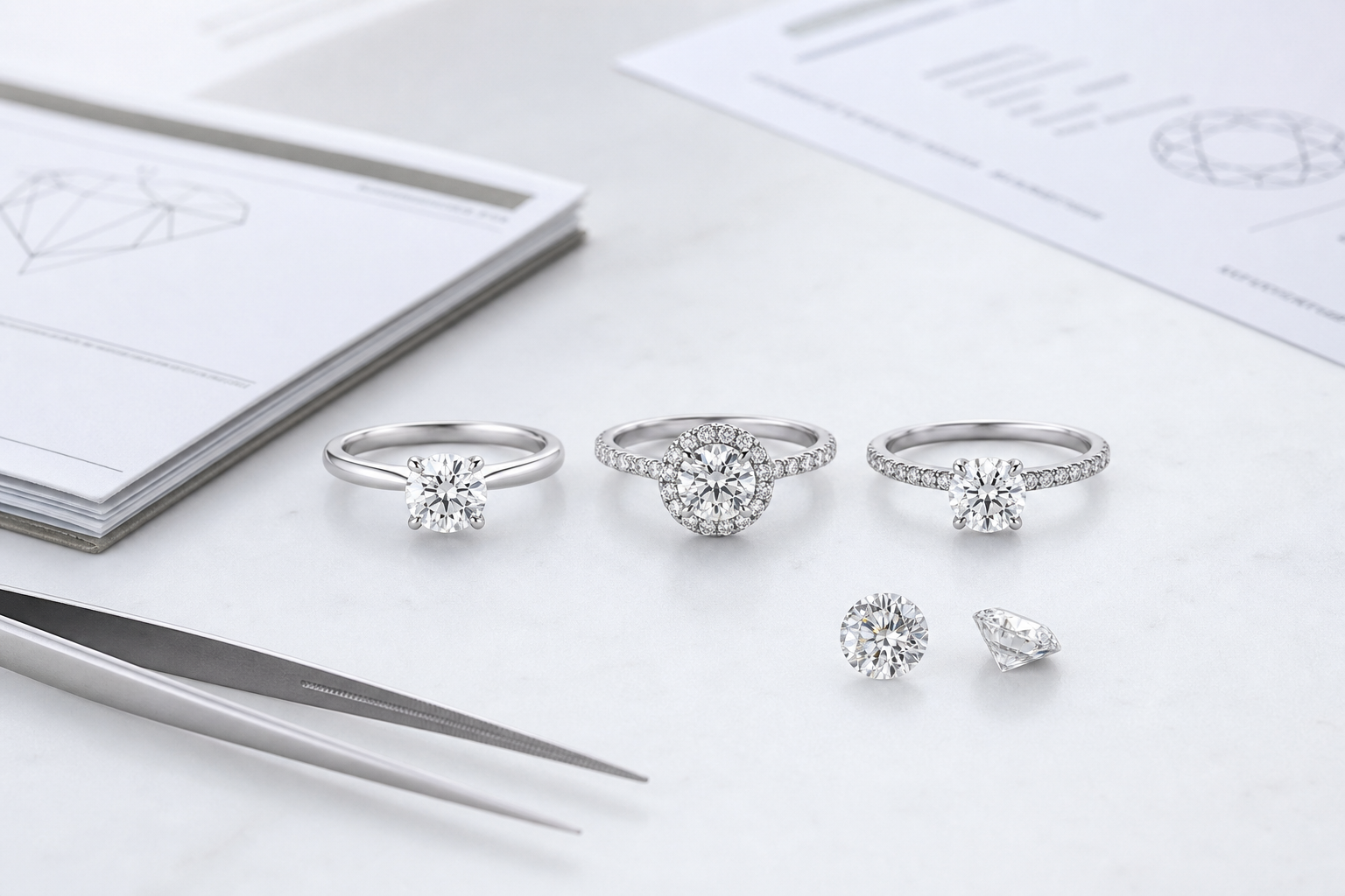 Engagement ring setting comparison showing the same approximate center diamond size in solitaire, halo, and slim-band settings to demonstrate how setting design changes perceived size