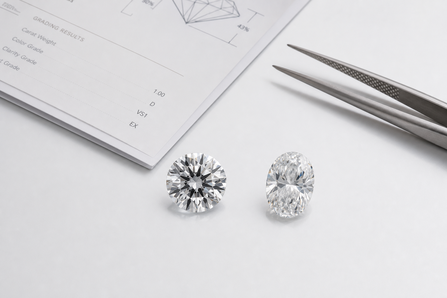Side-by-side top-view comparison of a round and oval lab-grown diamond with the same carat weight, showing how the oval can appear longer and larger face-up