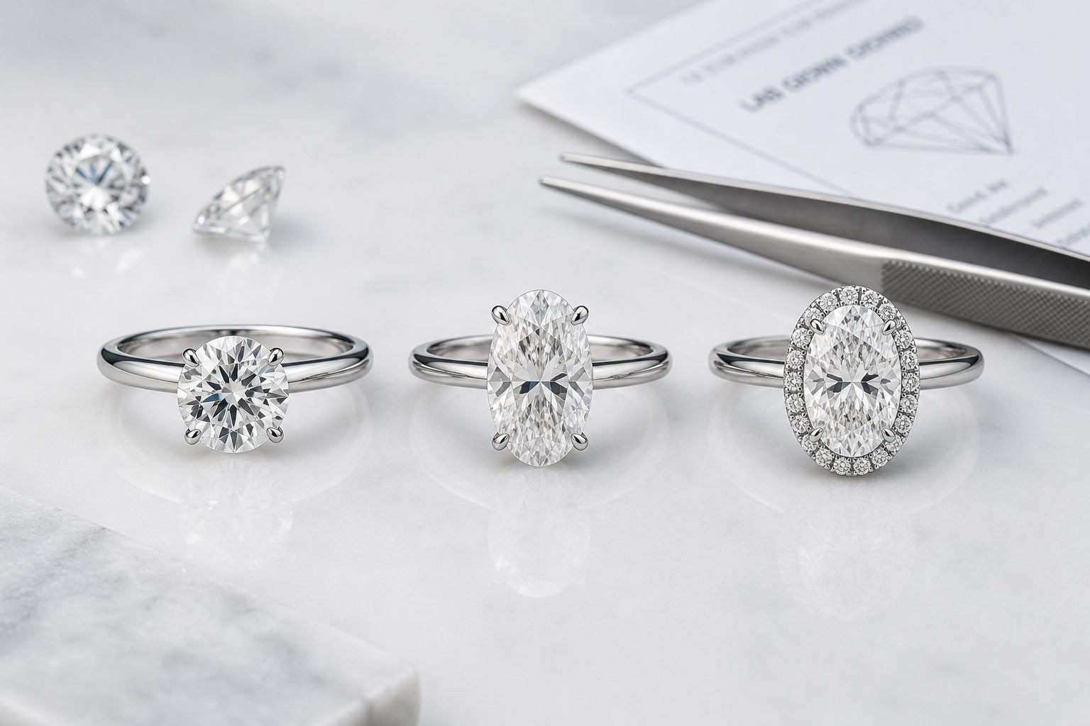 Engagement ring setting comparison showing a round solitaire, oval solitaire, and oval halo to illustrate how setting style changes perceived diamond size
