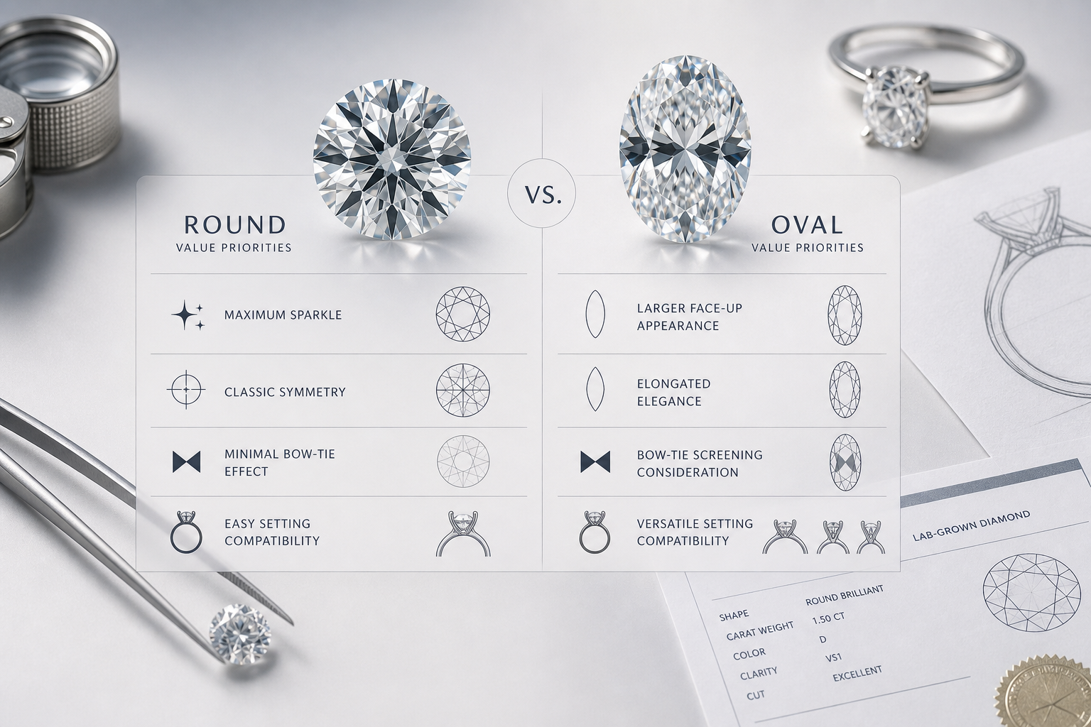 Simple decision graphic comparing round lab-grown diamond value priorities with oval lab-grown diamond value priorities, including sparkle, face-up size, bow-tie screening, and setting compatibility