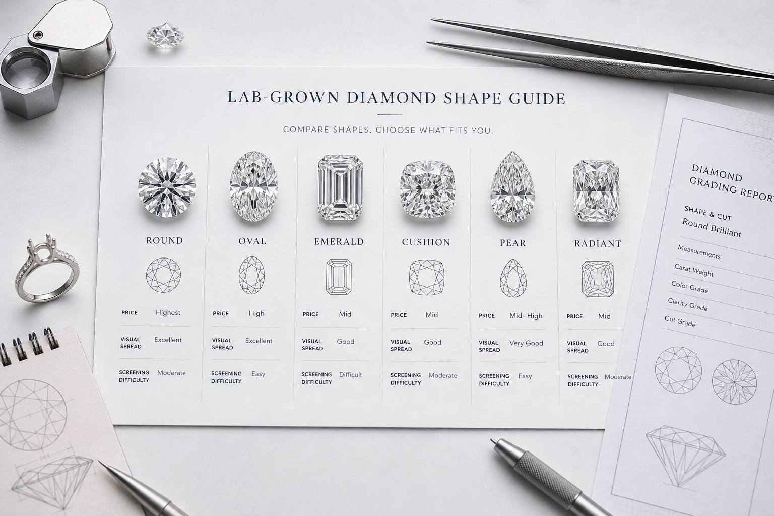 Side-by-side comparison chart showing round, oval, emerald, cushion, pear, and radiant lab-grown diamonds with notes on price position, visual spread, and screening difficulty