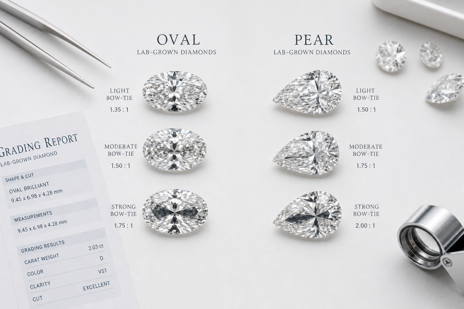 Comparison of oval and pear lab-grown diamonds showing different length-to-width ratios and examples of light, moderate, and strong bow-tie appearance