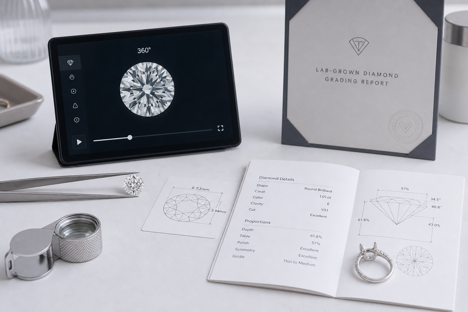 Buyer review checklist showing a lab-grown diamond grading report beside a 360-degree diamond video and millimeter measurements