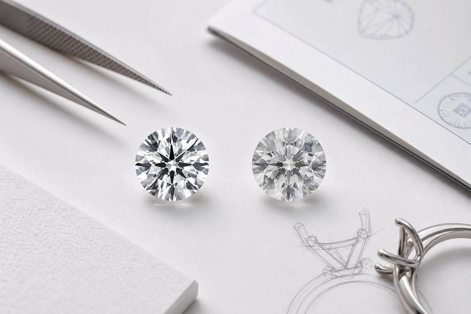 Side-by-side comparison of two round lab-grown diamonds with similar carat weight but different cut quality, showing stronger brightness and contrast in the better-cut diamond