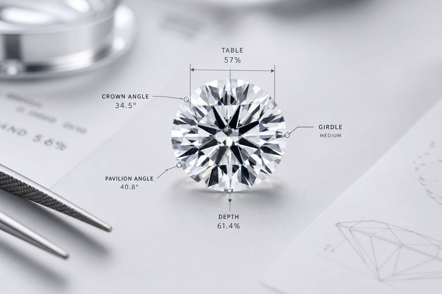 Annotated diamond proportion diagram showing table percentage, depth percentage, crown angle, pavilion angle, and girdle area on a round brilliant lab-grown diamond