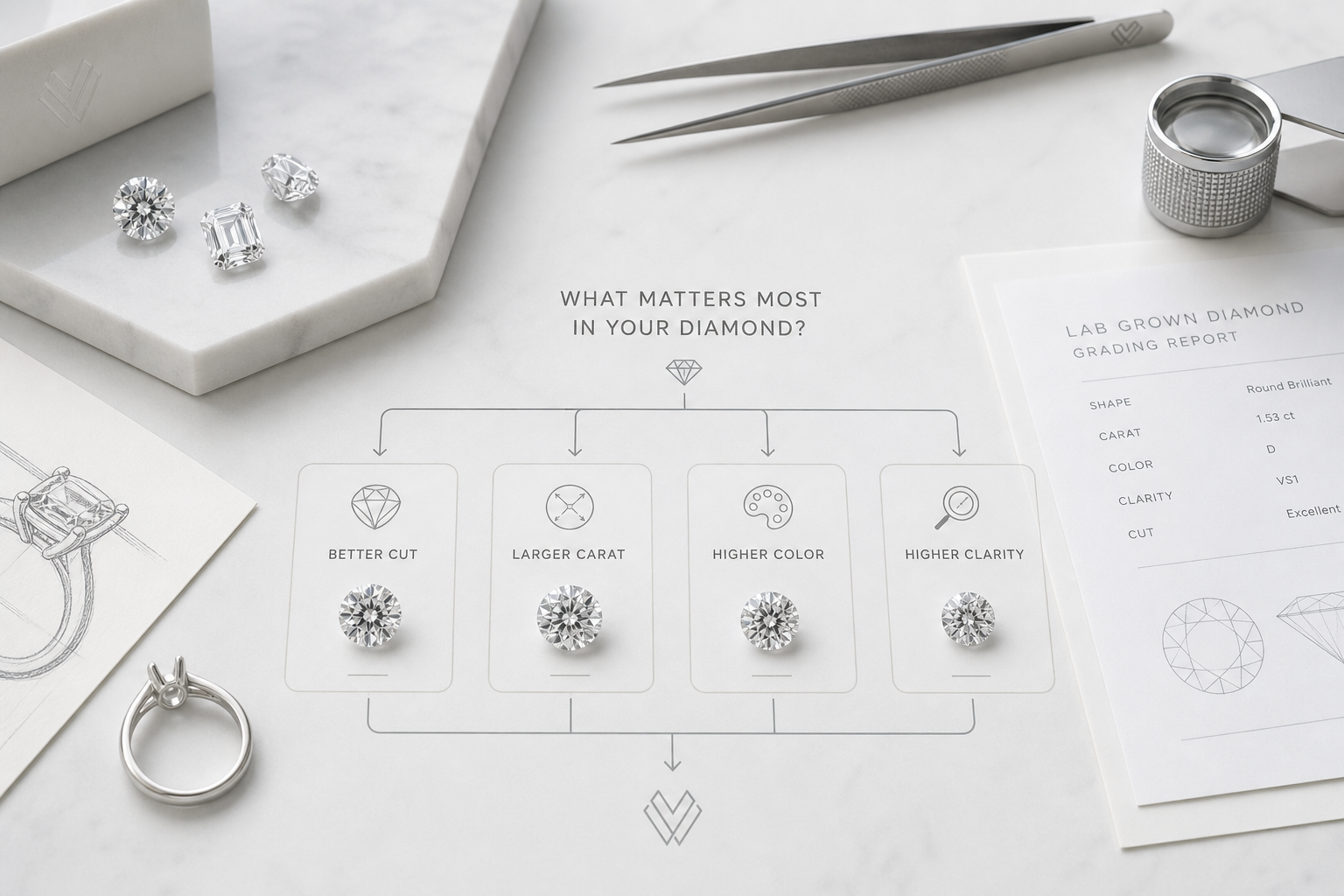 Buyer decision flowchart for choosing between better cut, larger carat weight, higher color, and higher clarity in a lab-grown diamond