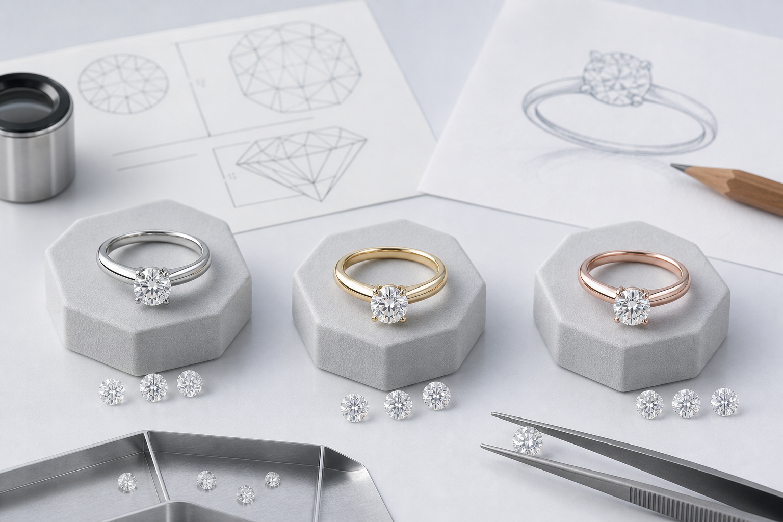 Side-by-side comparison illustration of D-F, G-H, and I-J lab-grown diamond color ranges shown in white gold, yellow gold, and rose gold settings