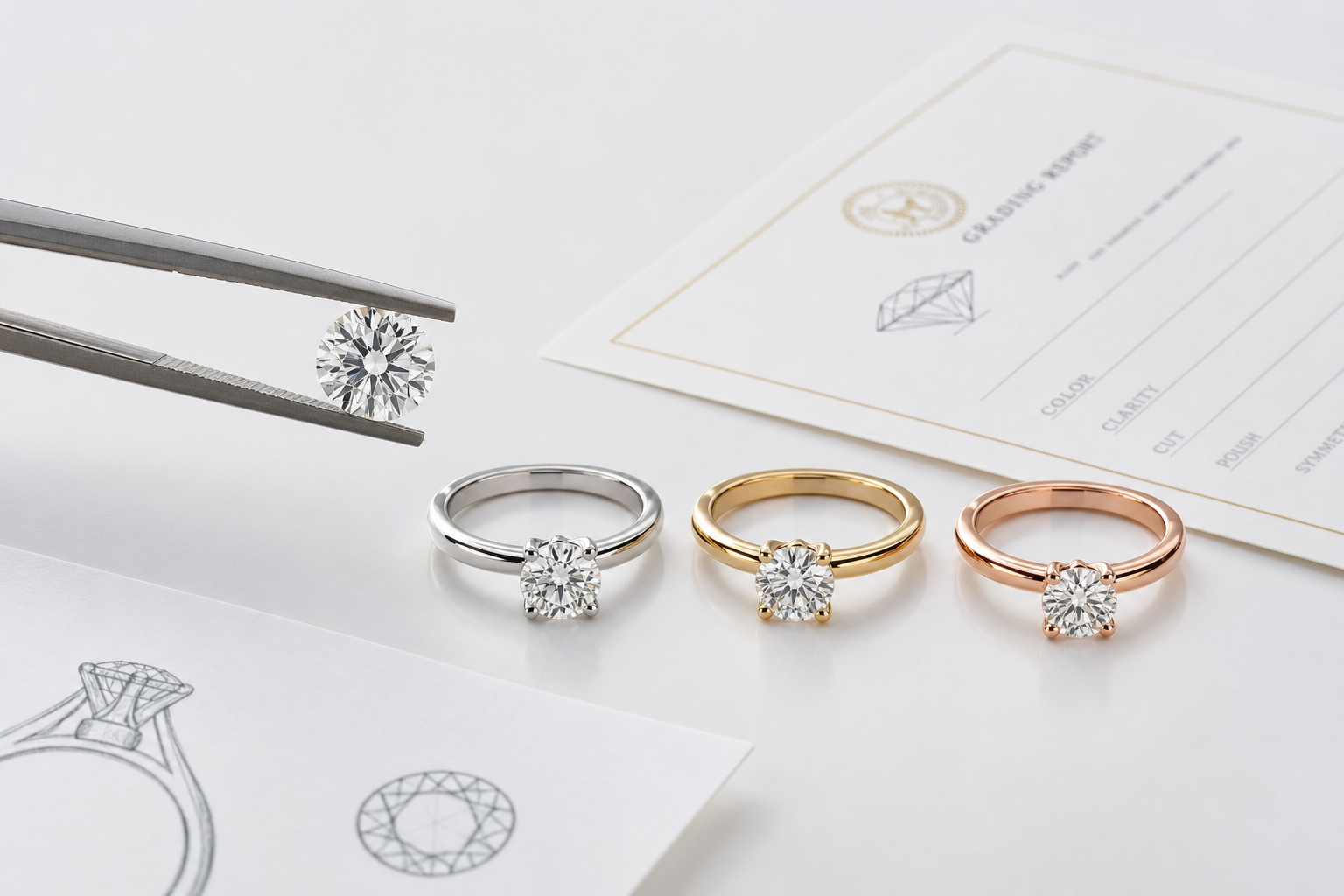 Engagement ring comparison showing how the same lab-grown diamond color grade can appear different in platinum, yellow gold, and rose gold settings
